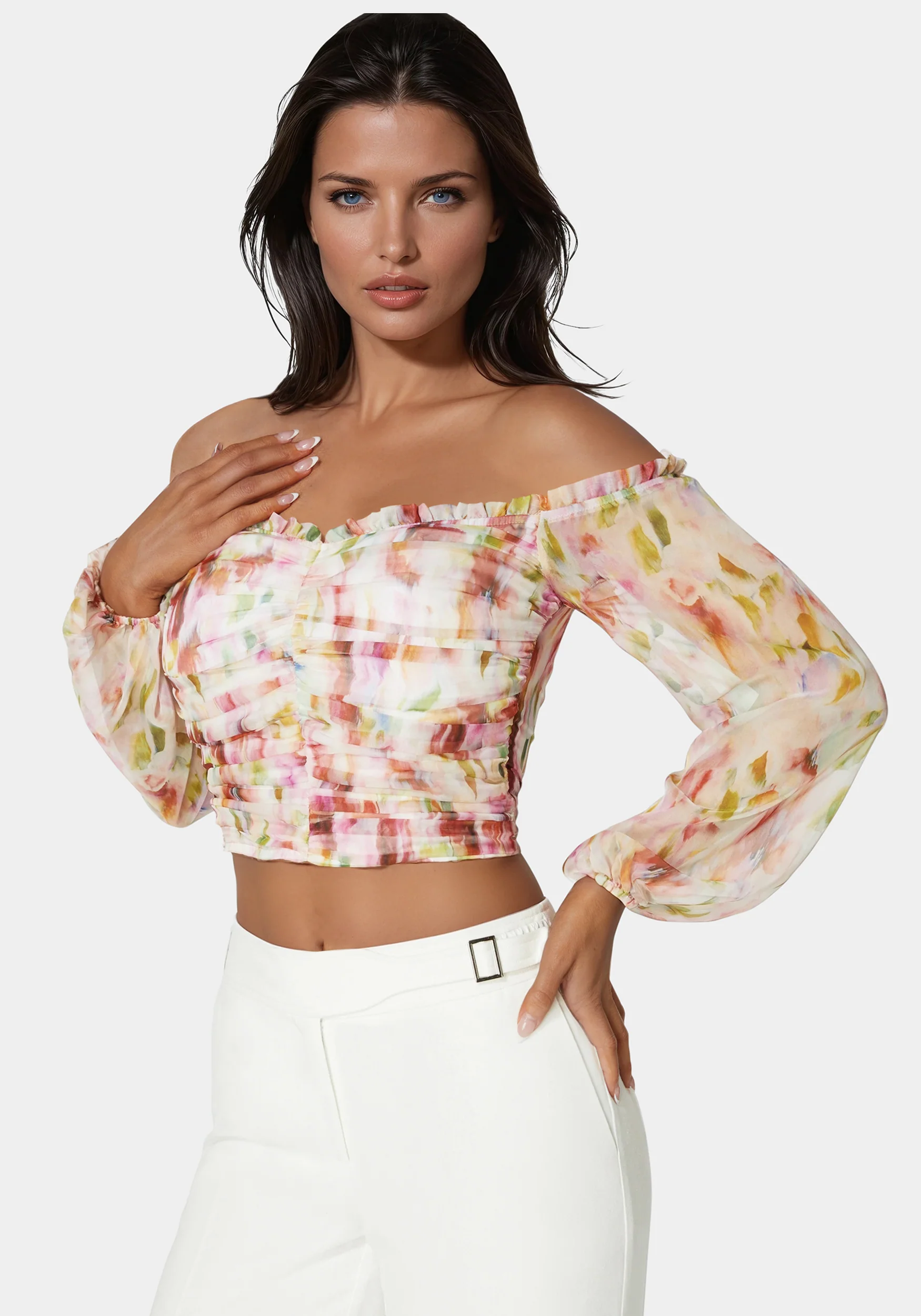 Printed Chiffon Cold Shoulder Ruched Top - Image 2