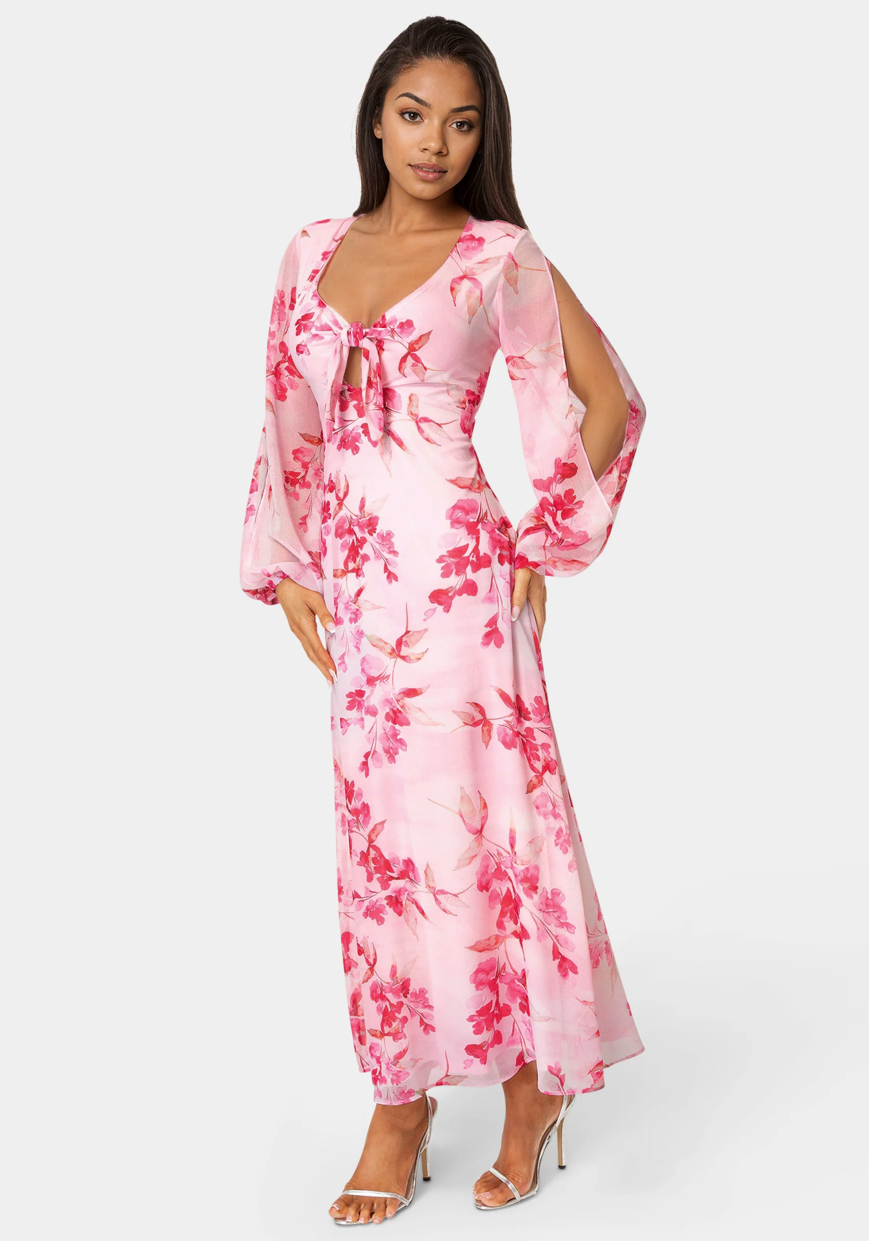Printed Chiffon Tie Front Maxi Dress - Image 2