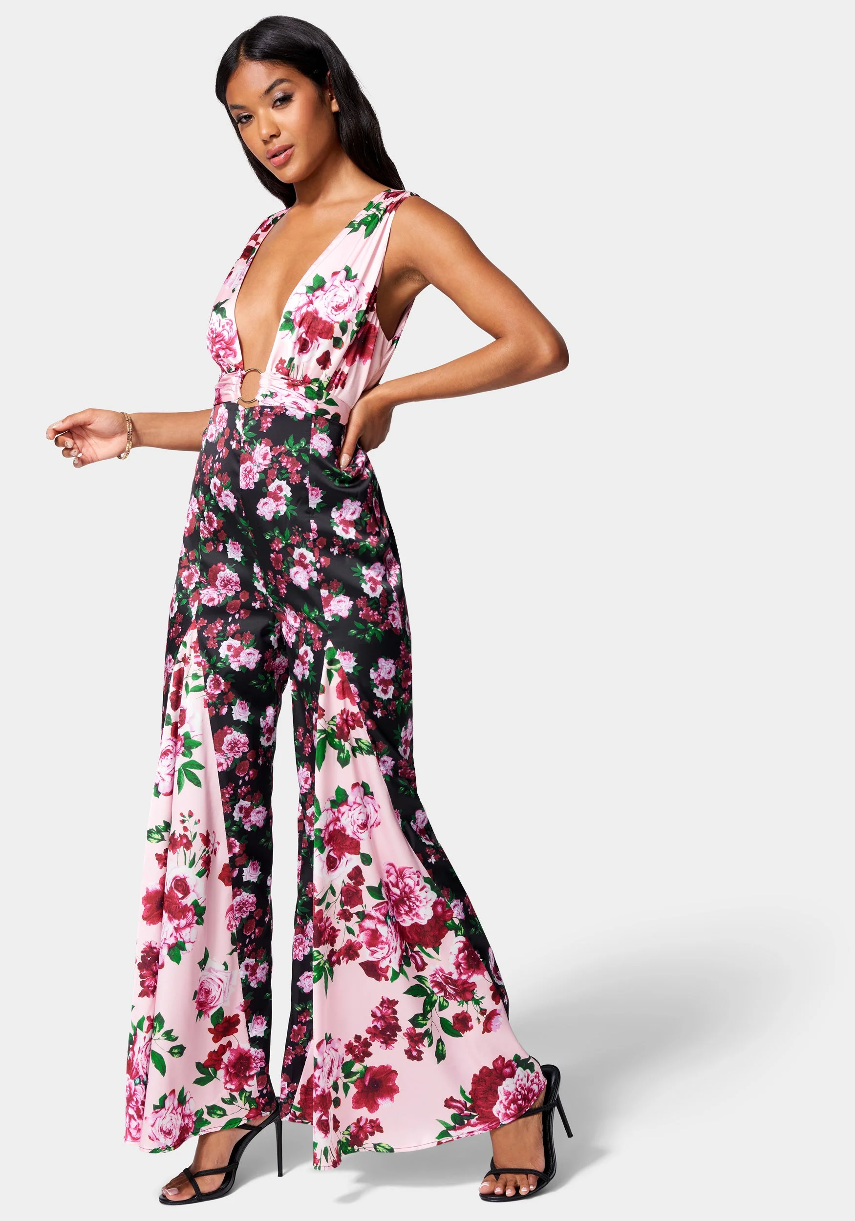 Printed Deep V Godet Leg Jumpsuit - Image 2
