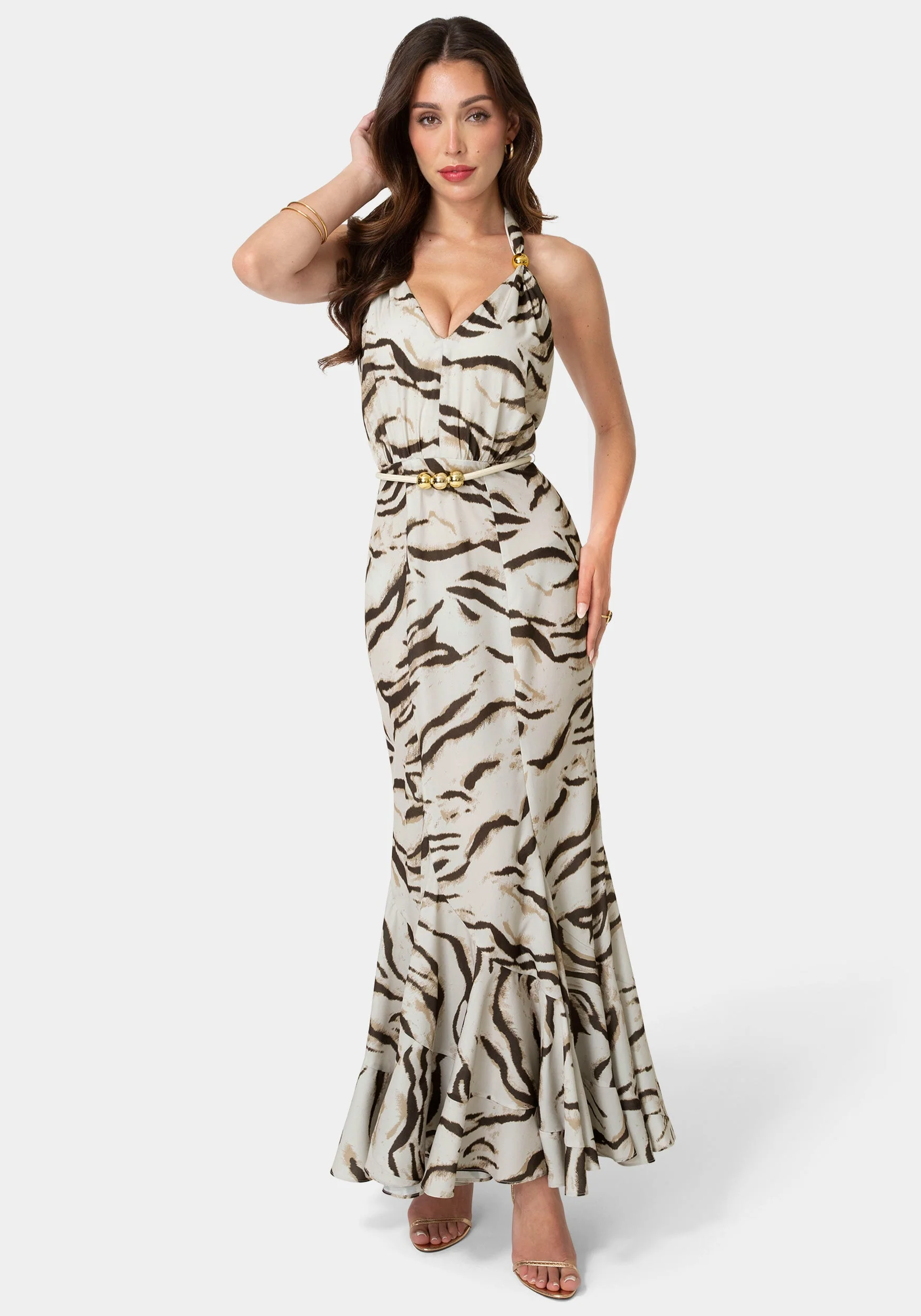 Printed Halter Flare Maxi Dress