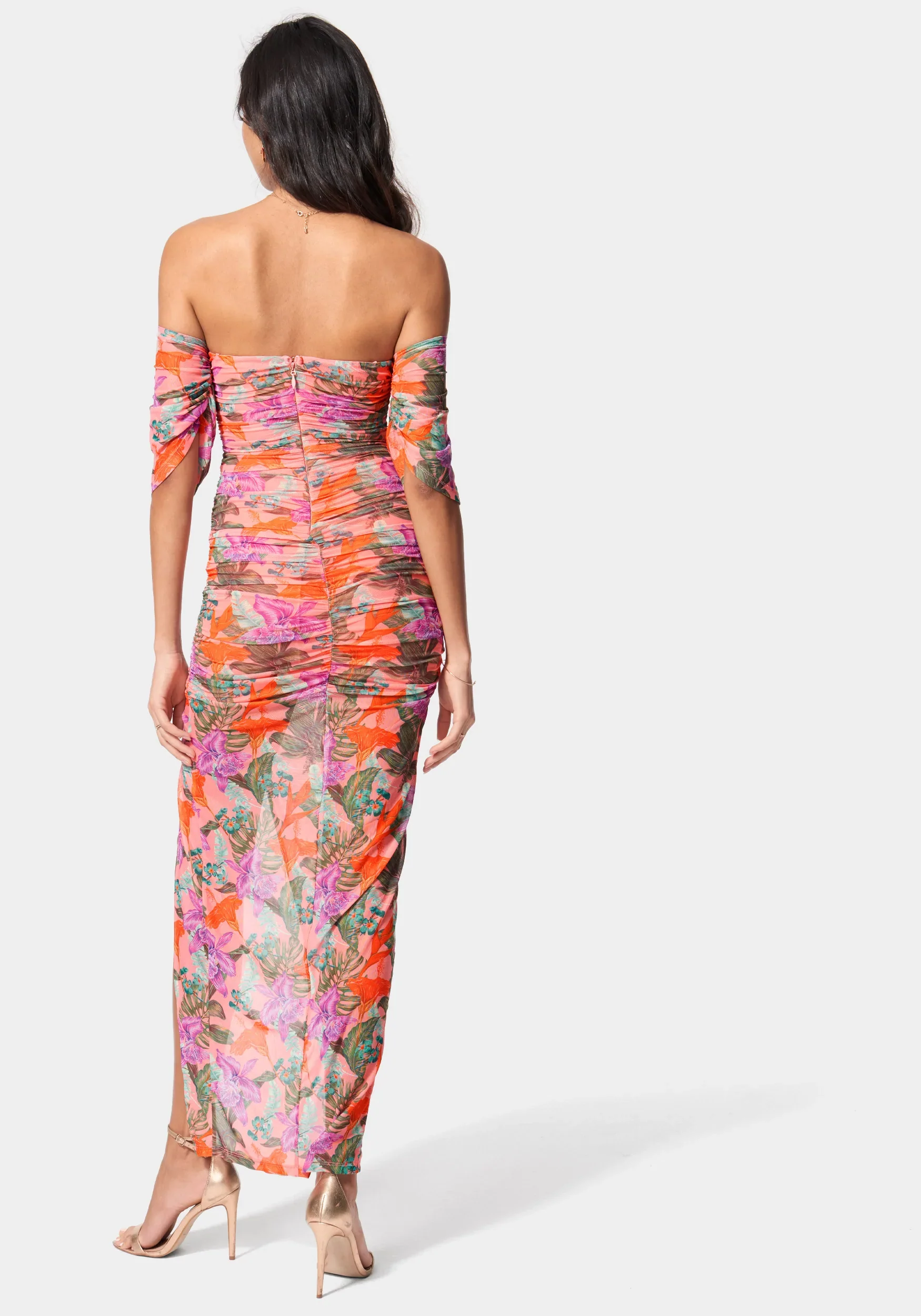 Printed Off Shoulder Mesh Gown - Image 3