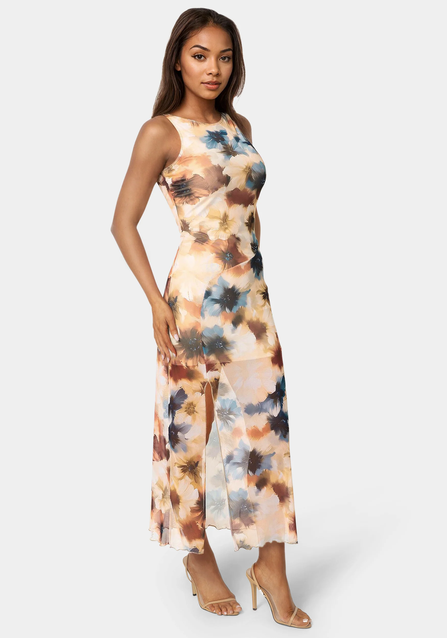 Printed Powermesh Side Shirred Maxi Dress - Image 2