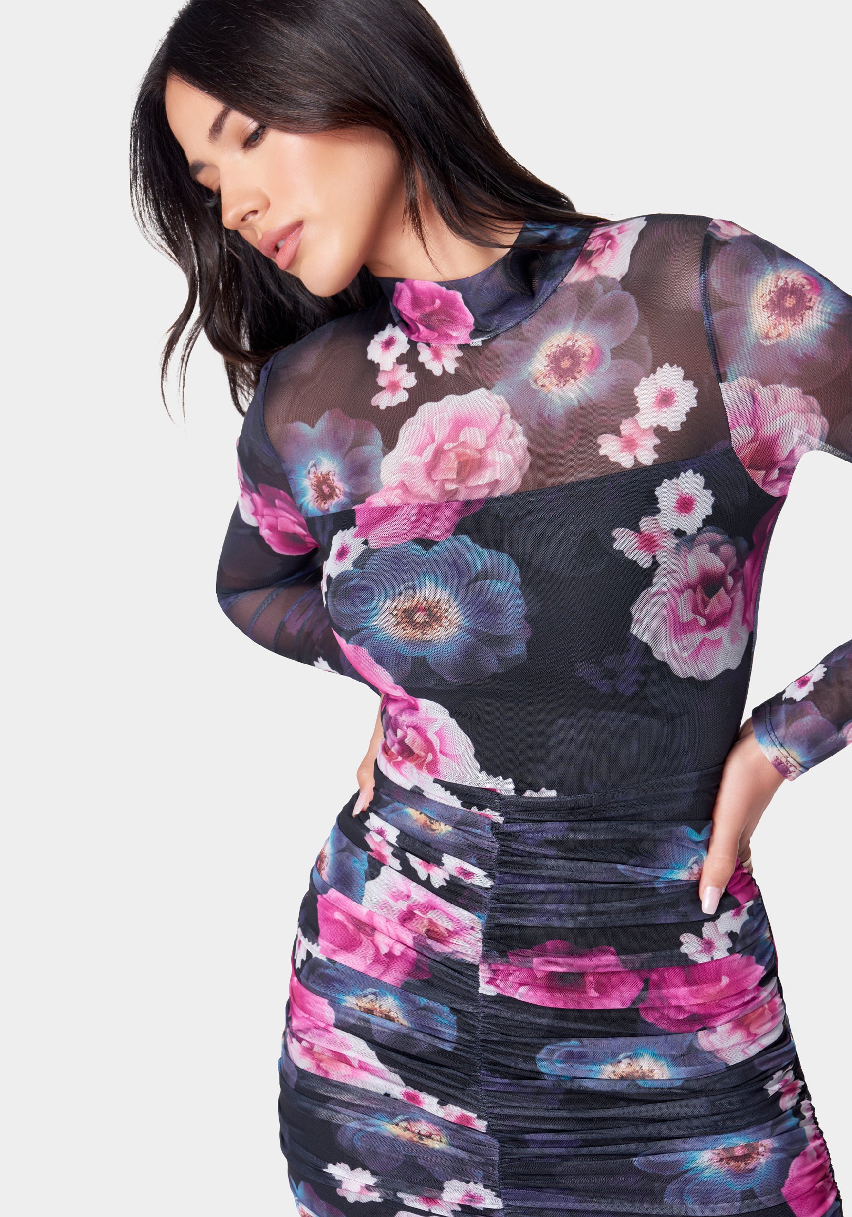 Printed Ruched Mesh Midi Dress - Image 4