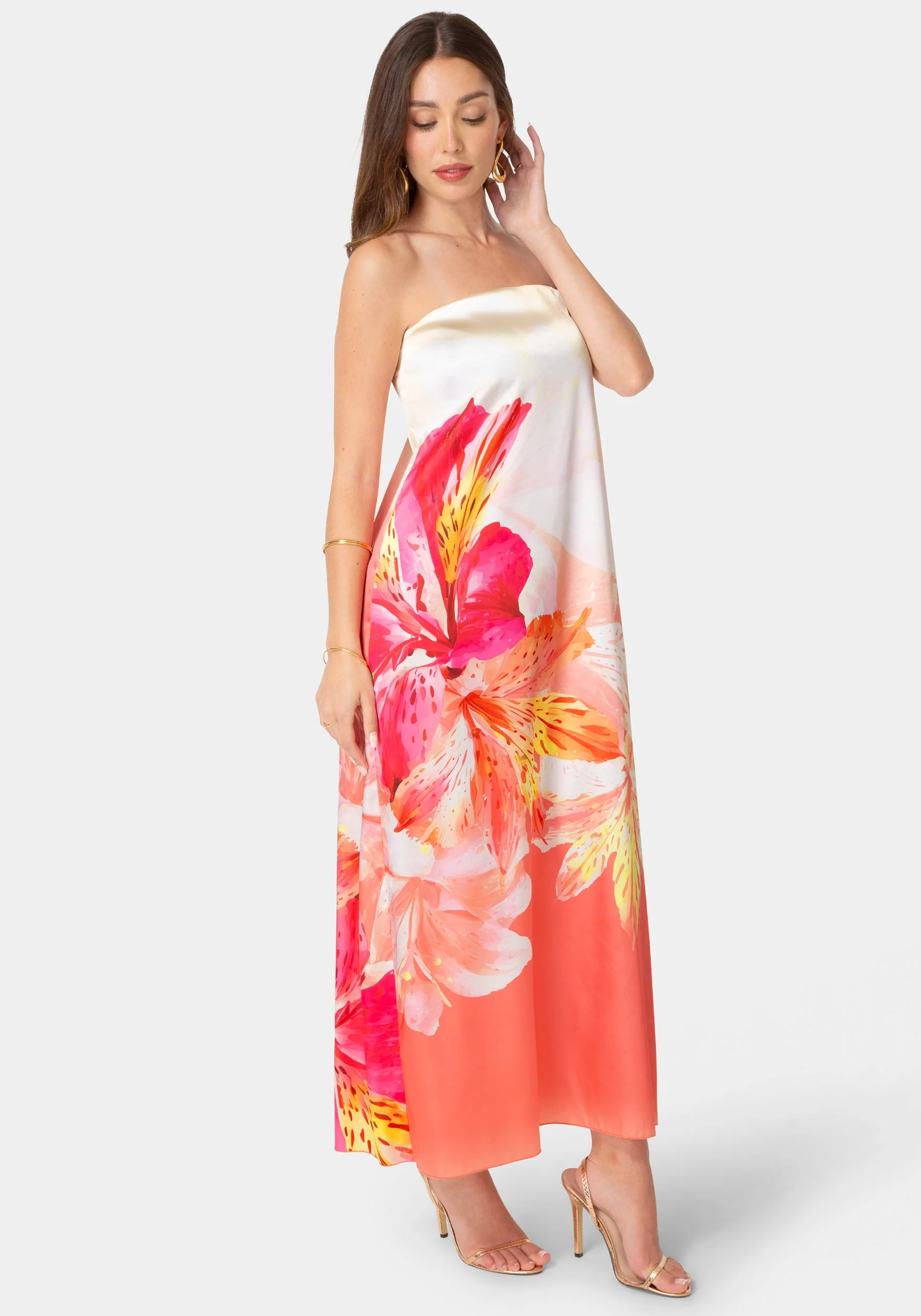 Printed Satin Strapless Maxi Dress - Image 2
