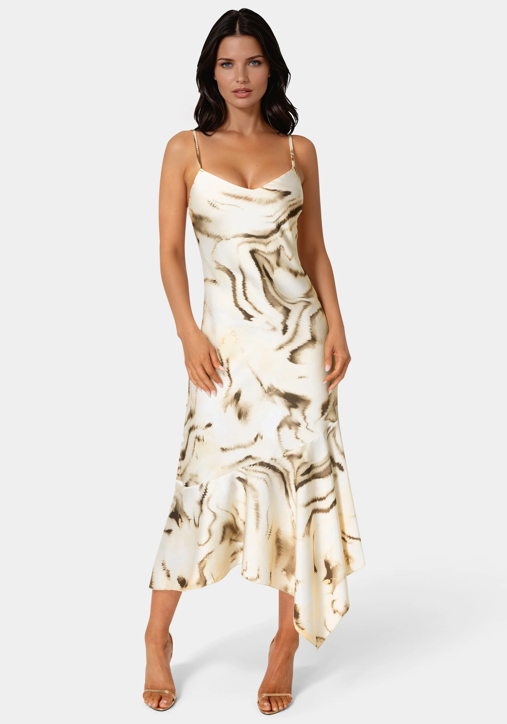 Printed Satin V-Neck Hanky Dress