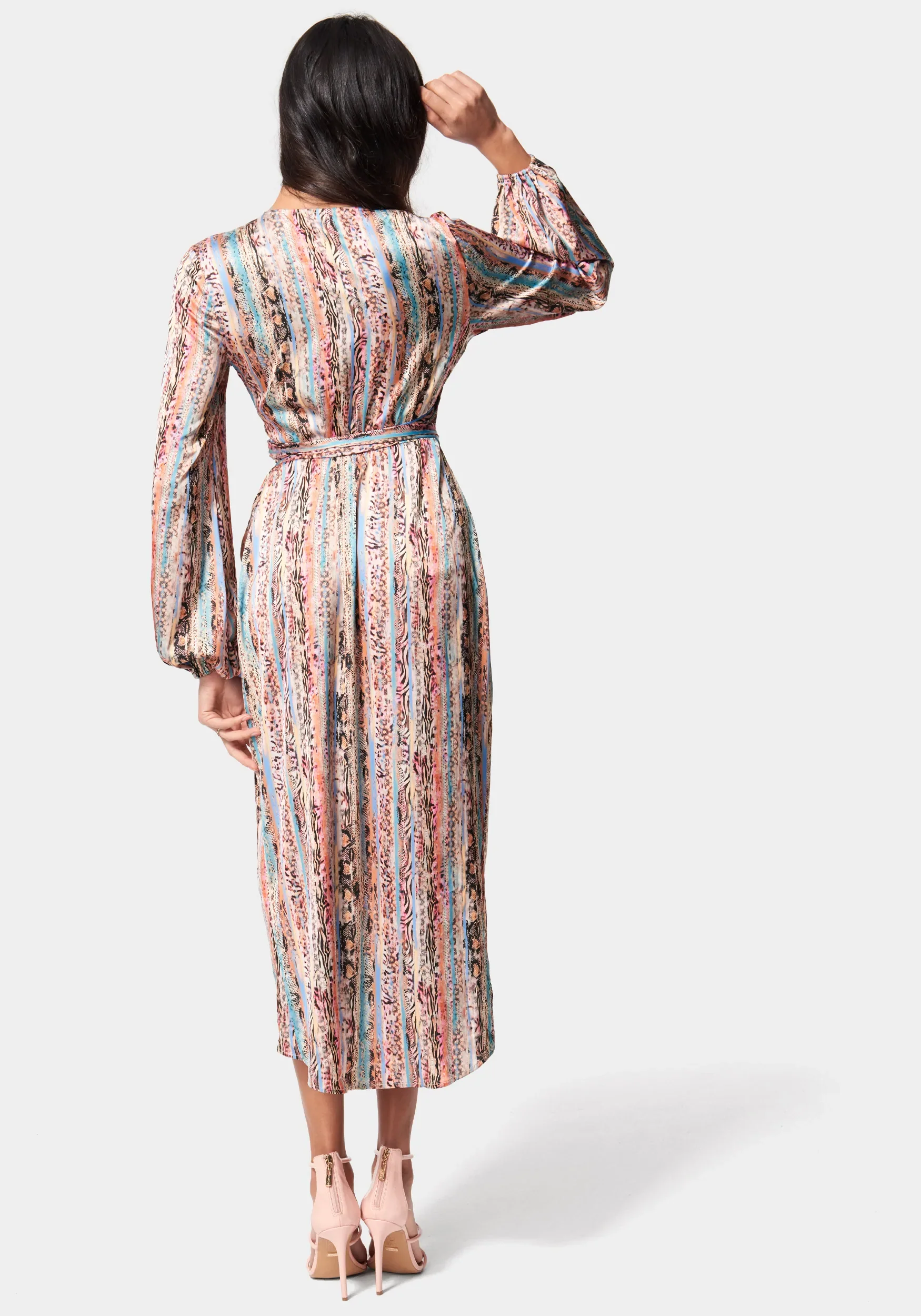Printed Satin Wrap High Low Dress - Image 3