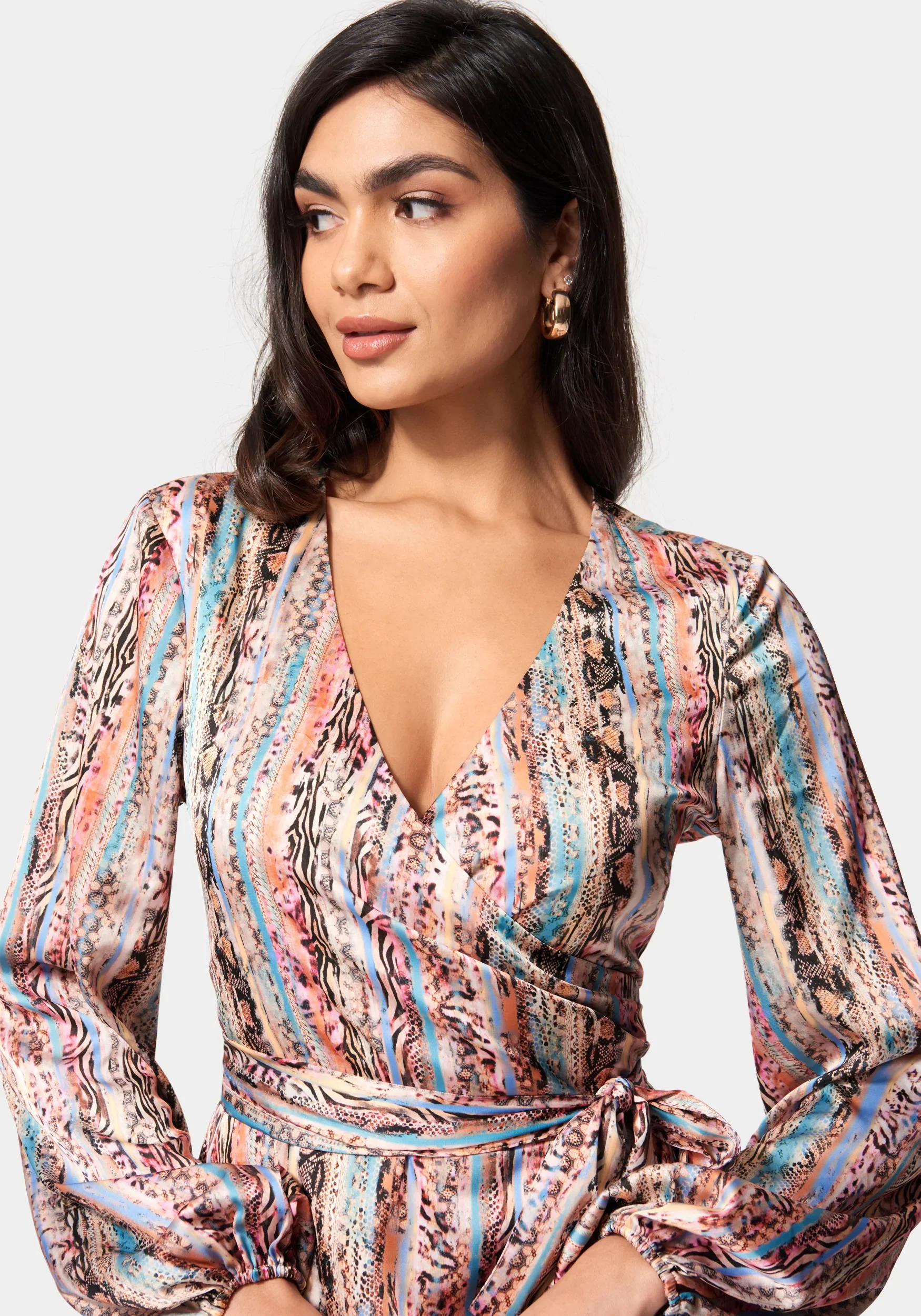 Printed Satin Wrap High Low Dress - Image 4