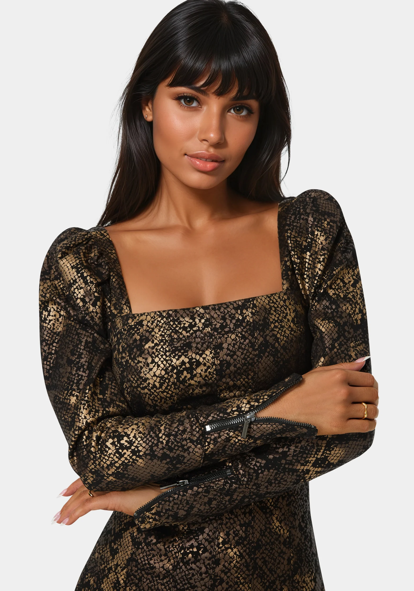 Puff Sleeve Fitted Foil Print Denim Dress - Image 4