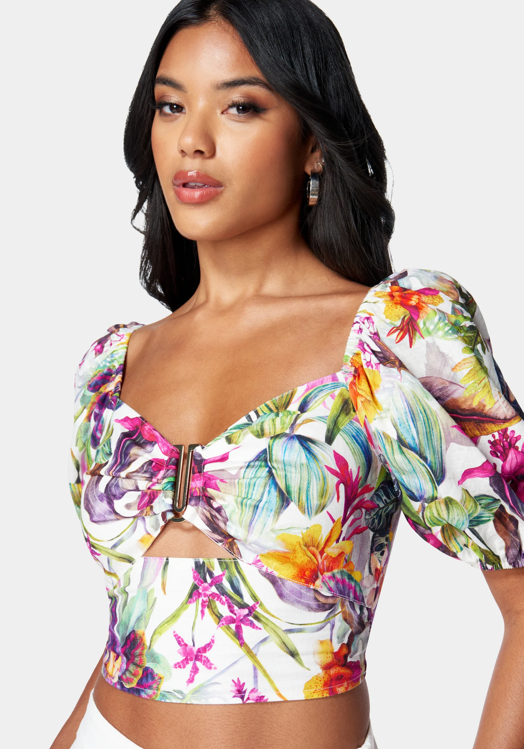 Puff Sleeve Front Keyhole Woven Top - Image 3