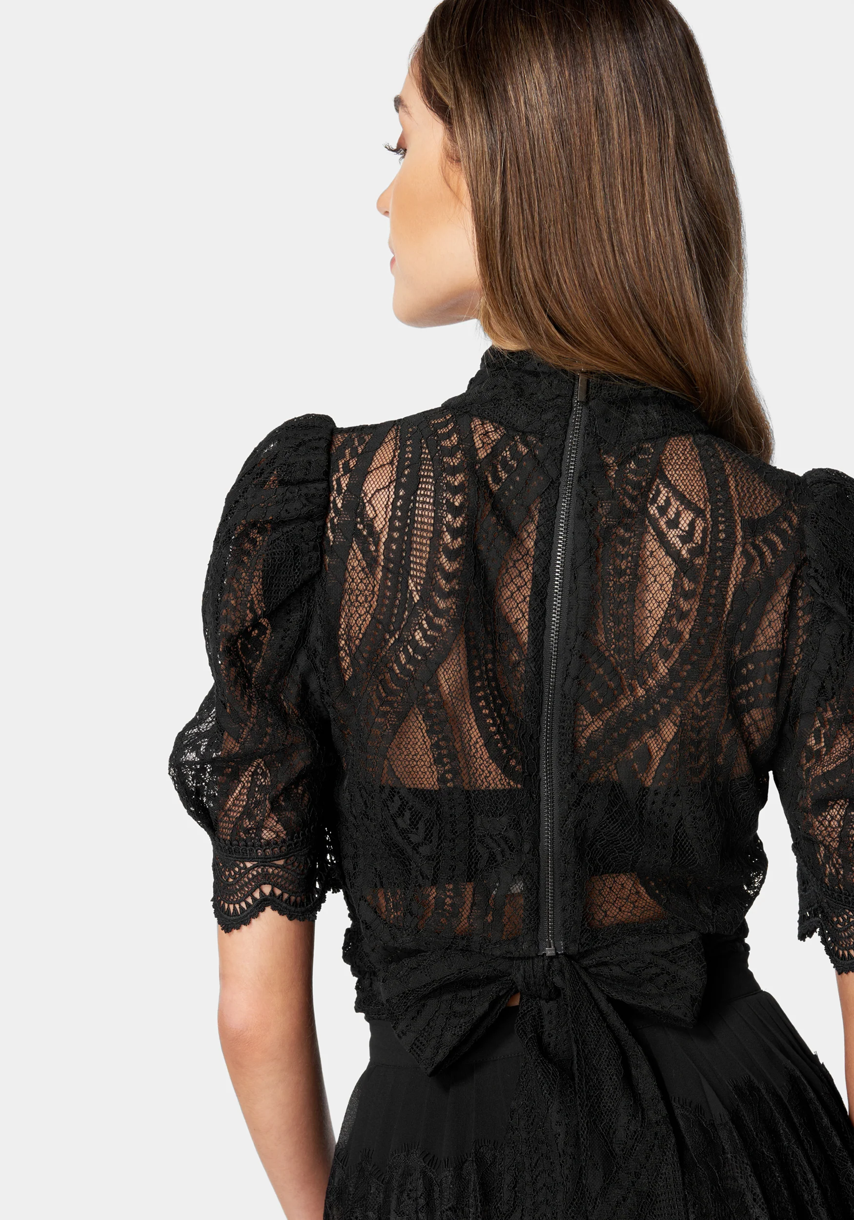 Puff Sleeve Ruched Waist Lace Top - Image 3