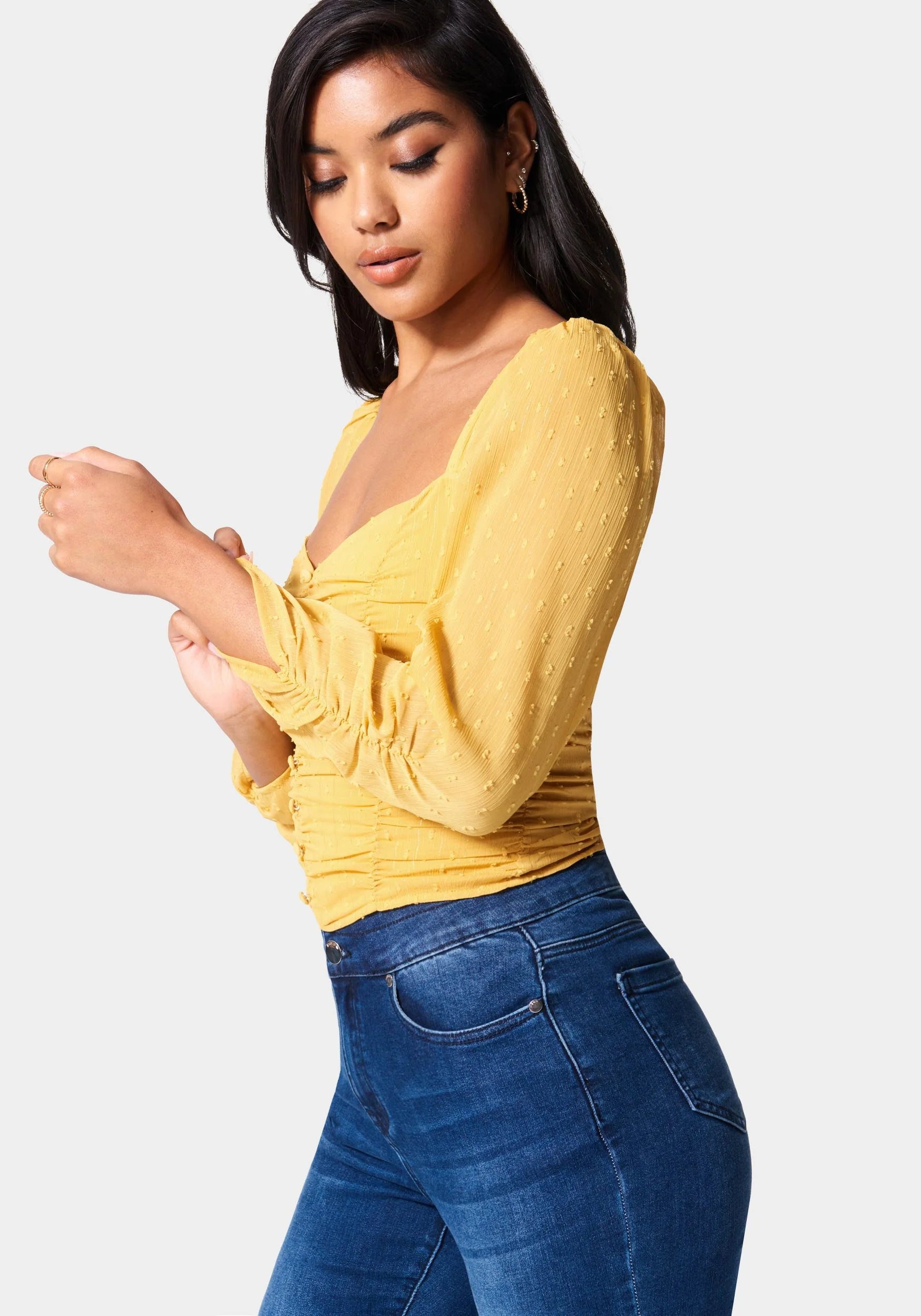 Puff Sleeve Ruched Woven Top - Image 3