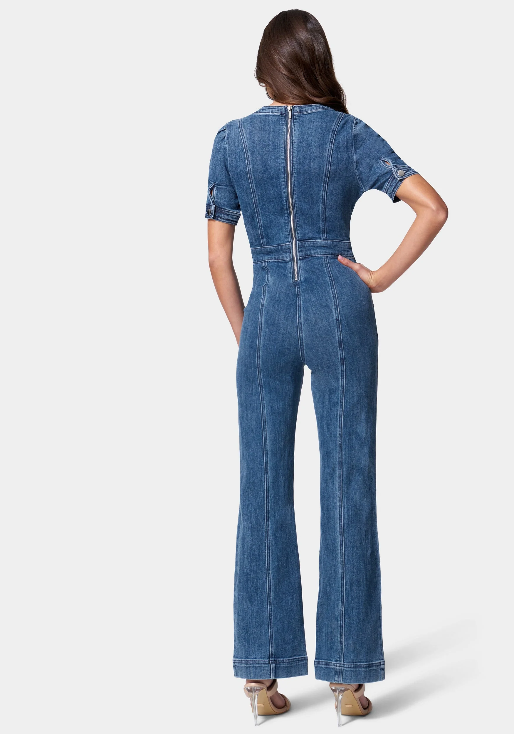 Puff Sleeve Wide Leg Denim Jumpsuit - Image 3