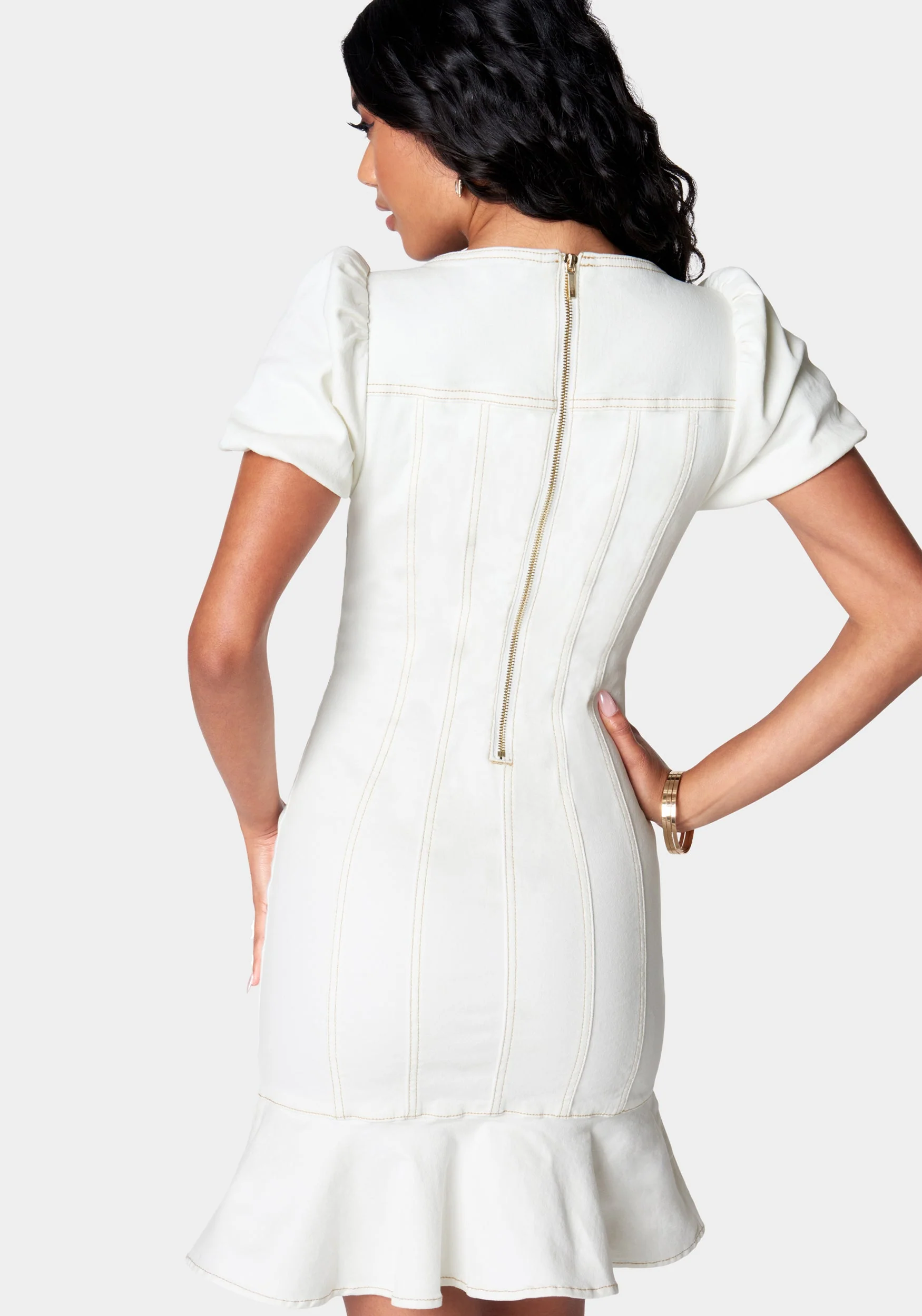 Puff Sleeves Fit & Flare Denim Dress - Image 3