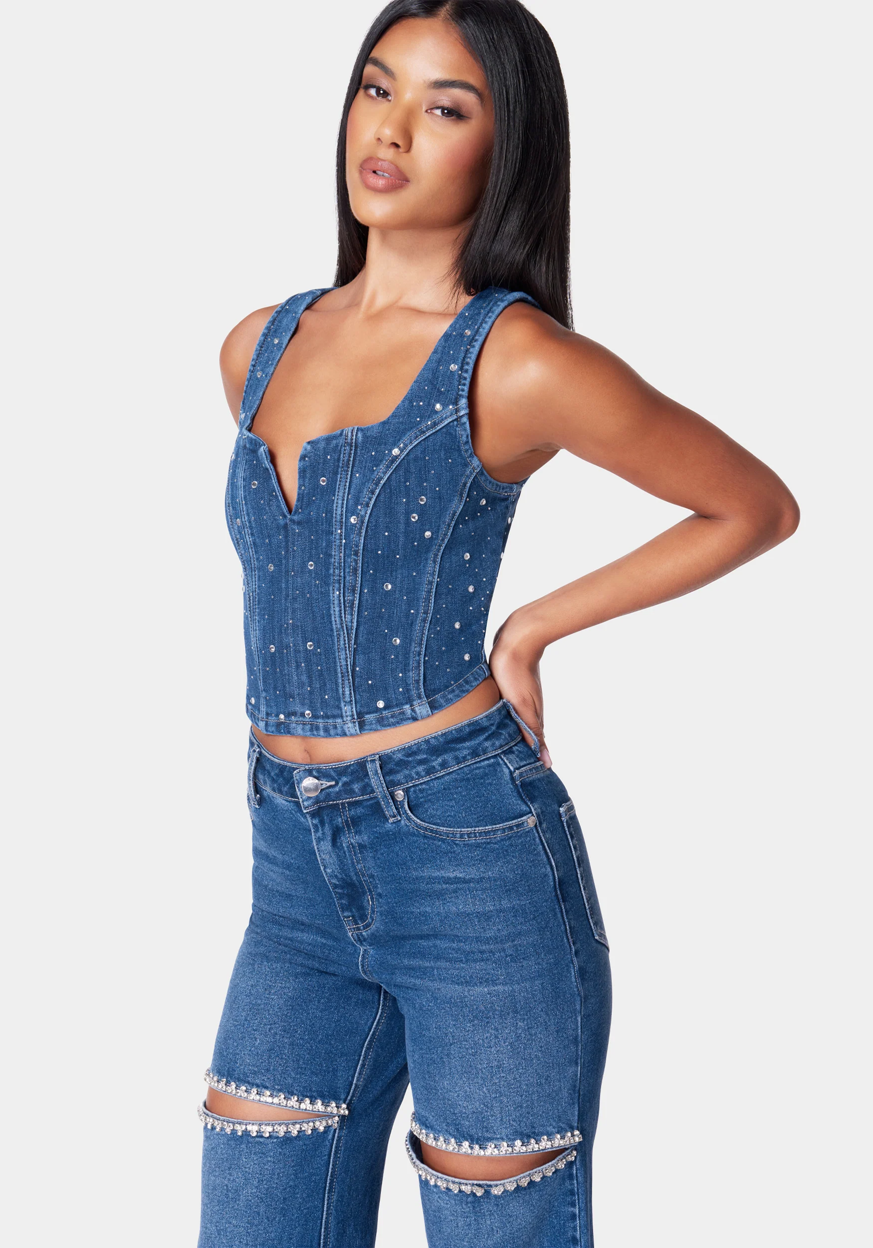 Rhinestone Detail Denim Bustier - Image 2