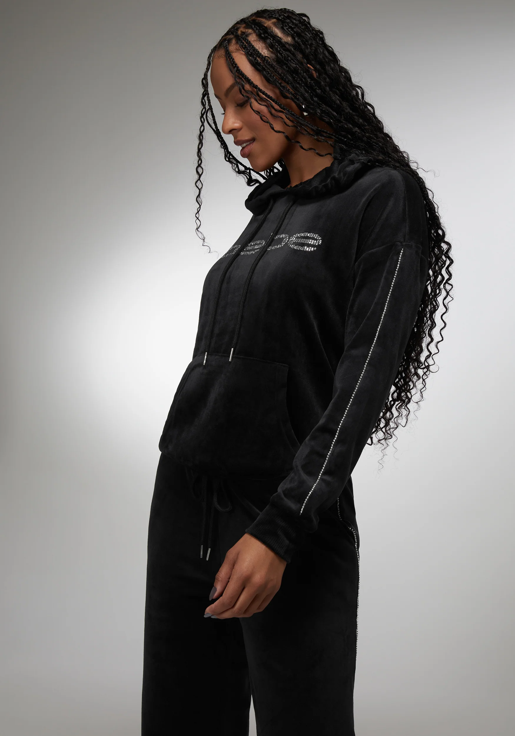 Rhinestone Detail Velour Hoodie - Image 2