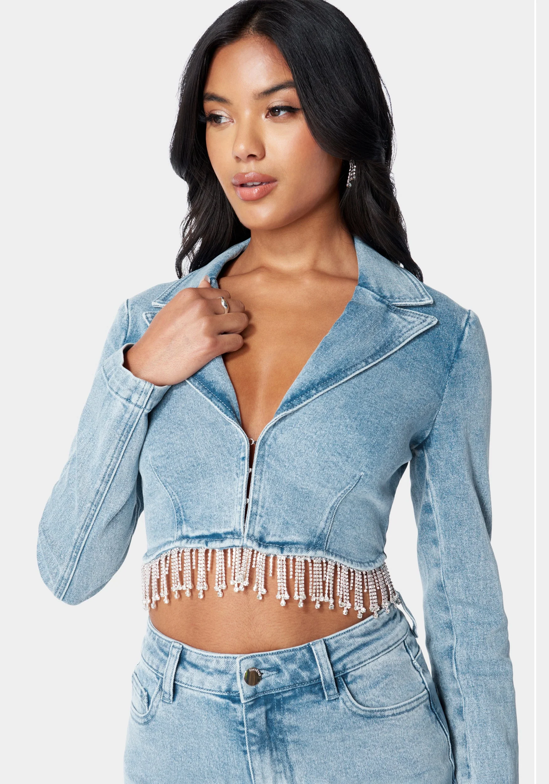 Rhinestone Hem Tailored Denim Jacket - Image 4