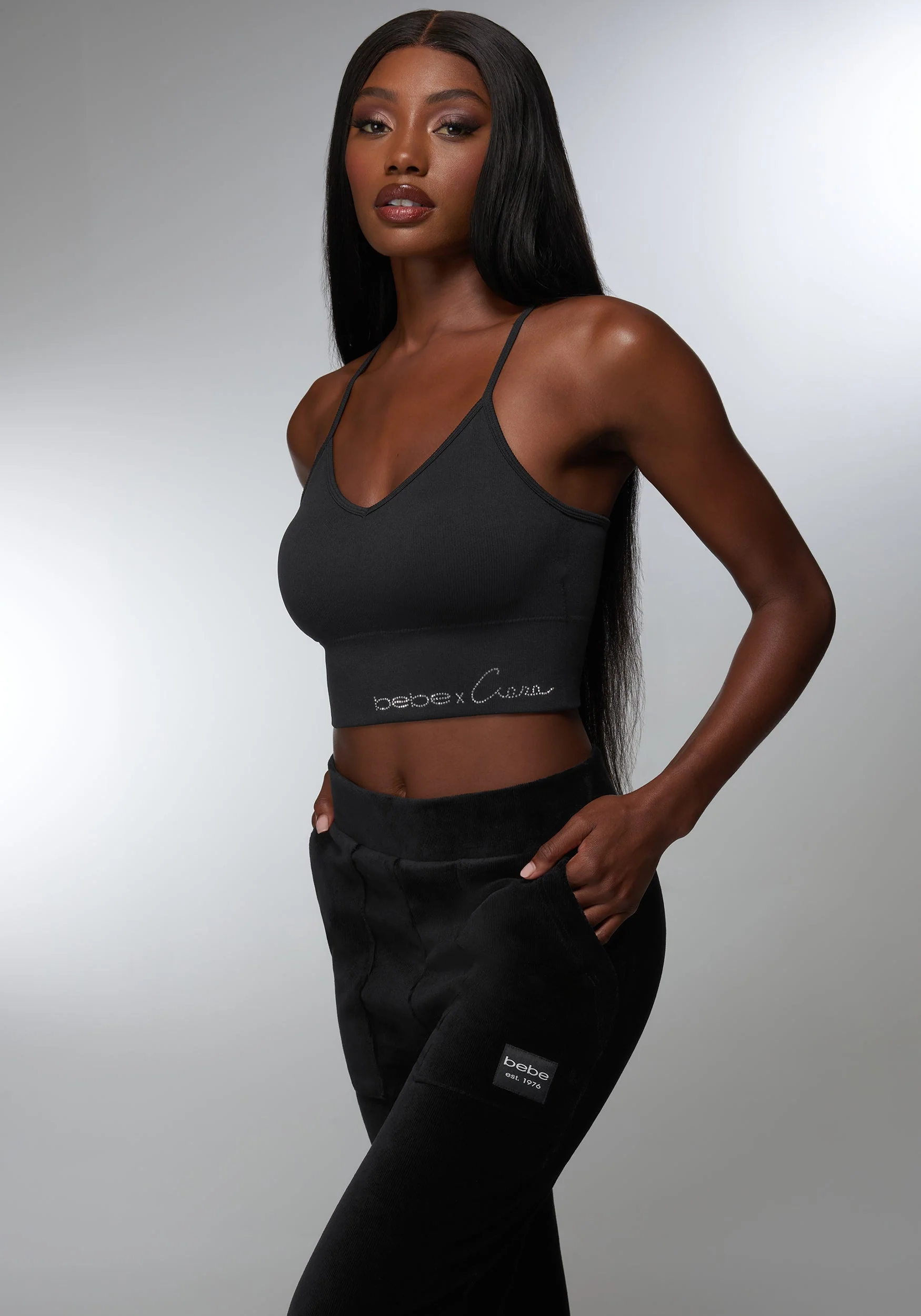 Rhinestone Logo V Neck Bra Tank - Image 2