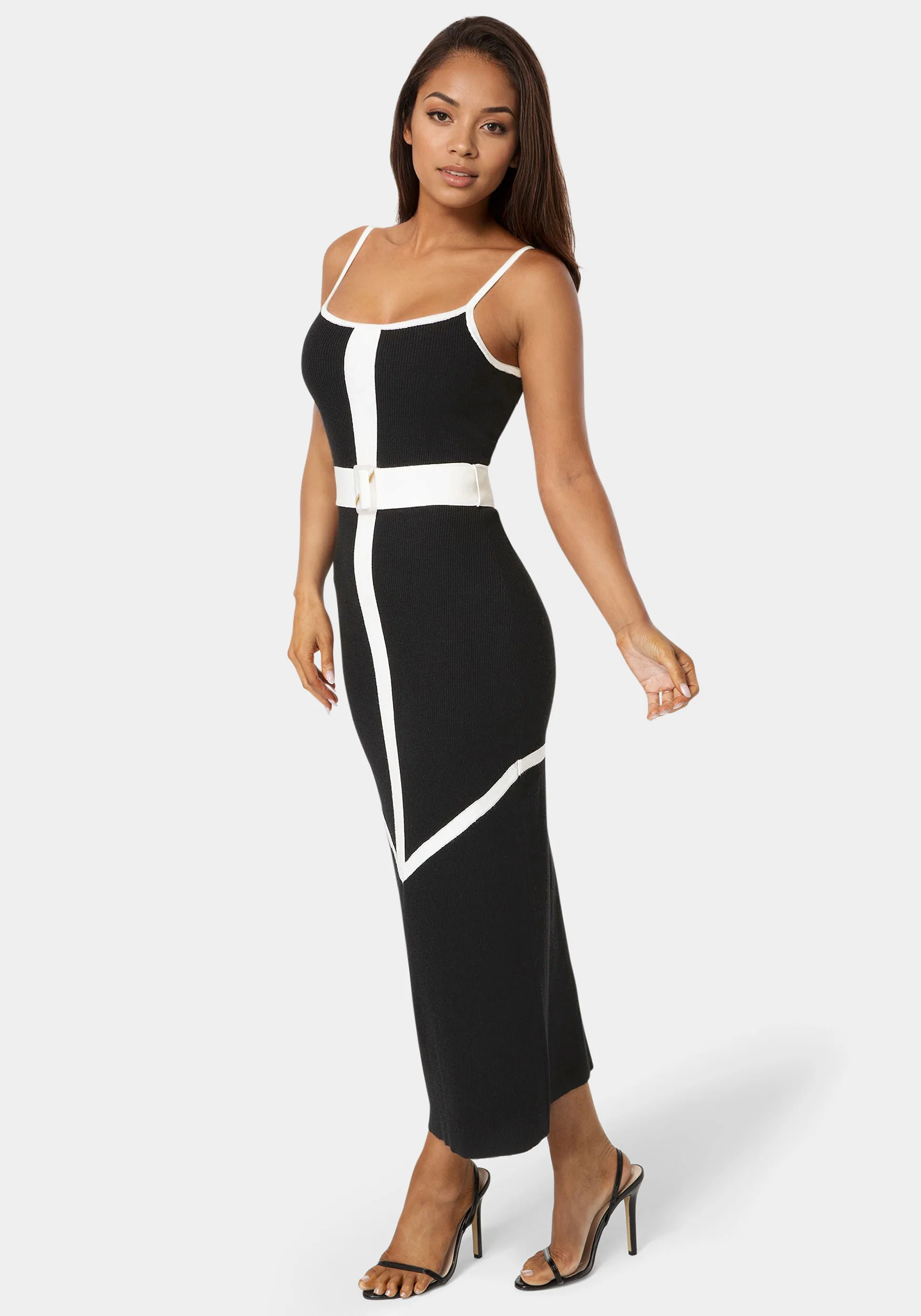 Rib V-Neck Bodycon Maxi Dress with Belt - Image 2