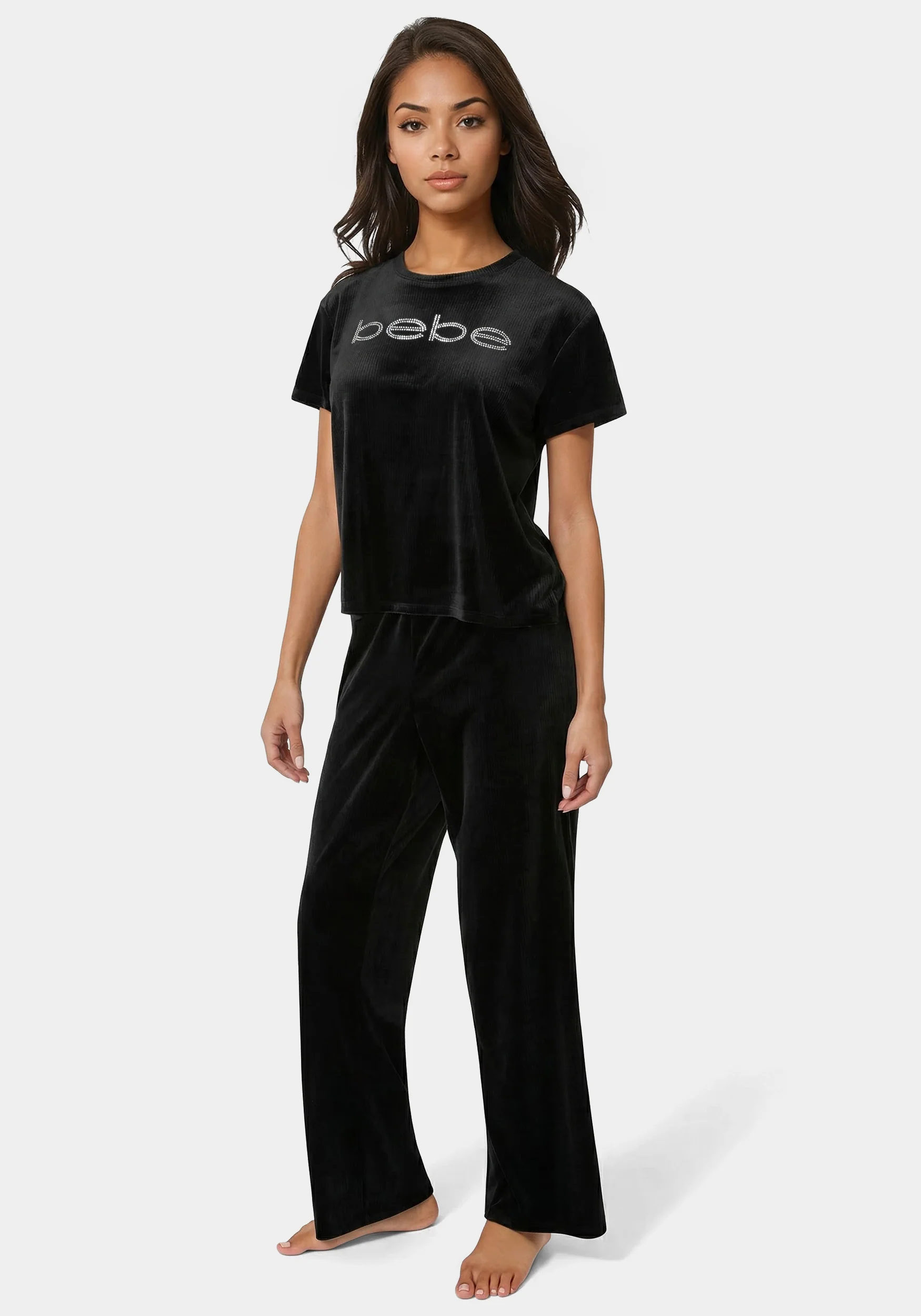 2pc Velour Ribbed Soft Rhinestone Lounge Set - Image 2