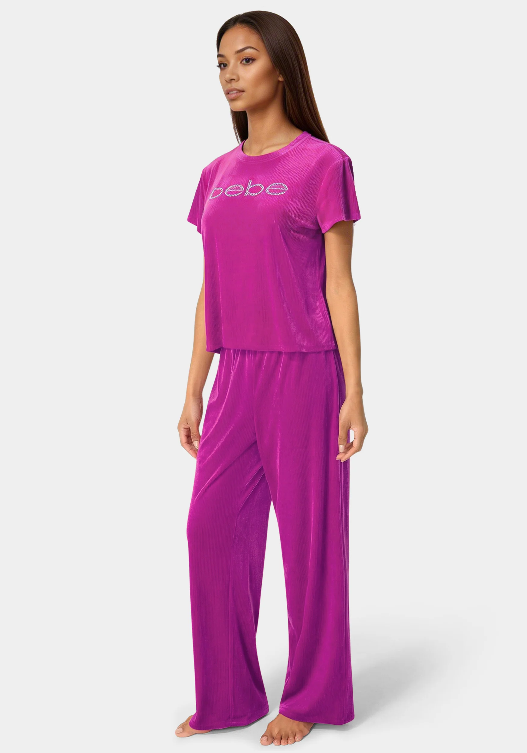 2pc Velour Ribbed Soft Rhinestone Lounge Set - Image 2