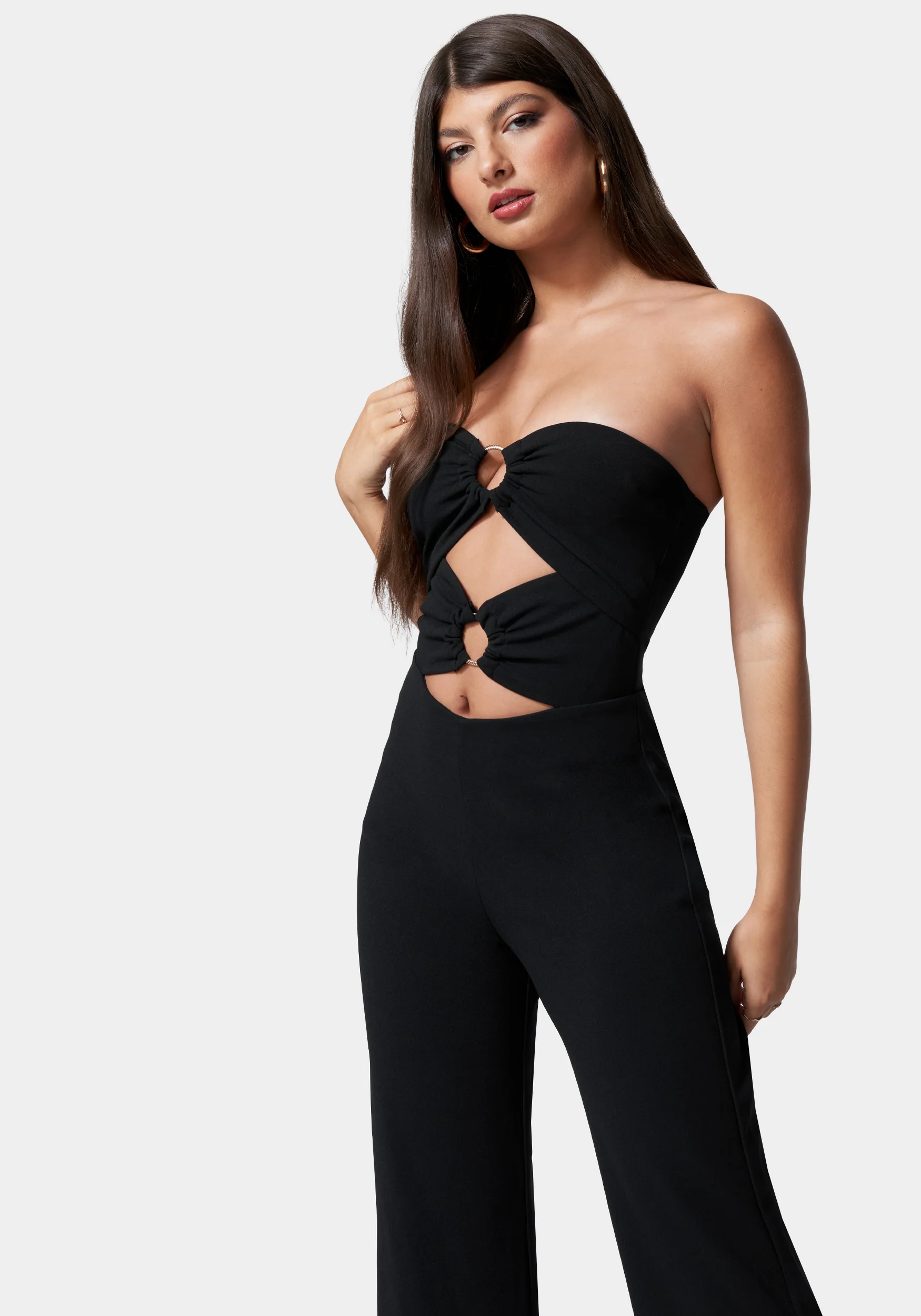 Ring Detail Wide Leg Knit Crepe With Satin Combo Jumpsuit - Image 2
