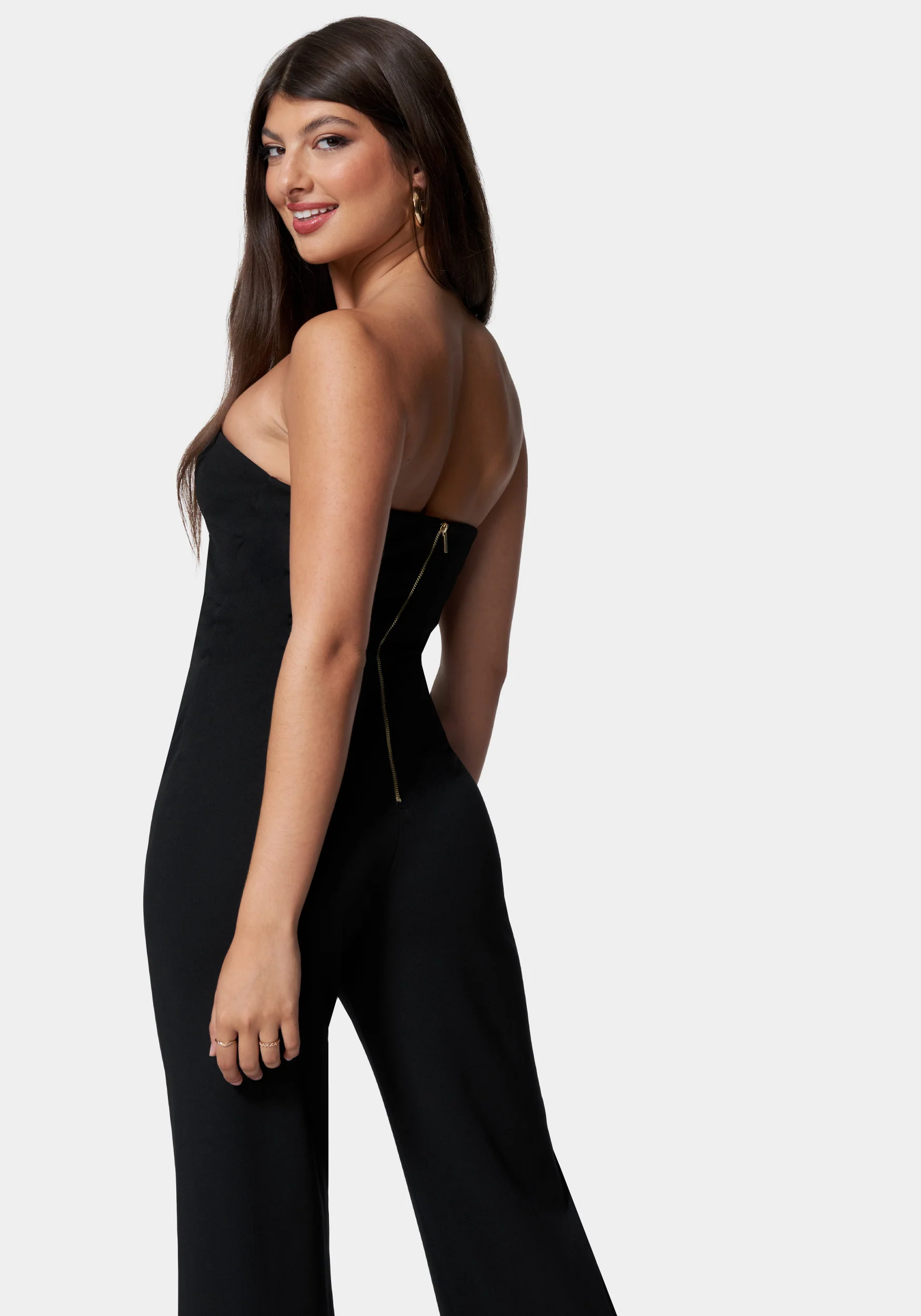 Ring Detail Wide Leg Knit Crepe With Satin Combo Jumpsuit - Image 3