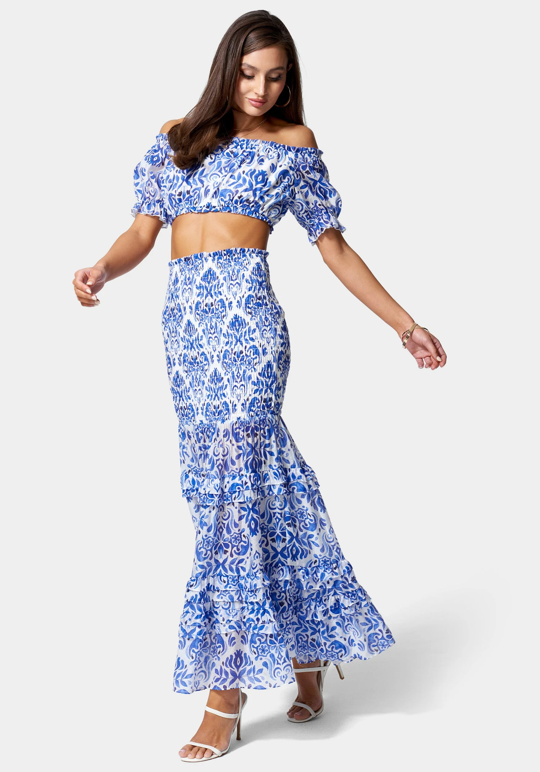 Ruched Bubble Top And Smocked Maxi Skirt Woven Set - Image 2