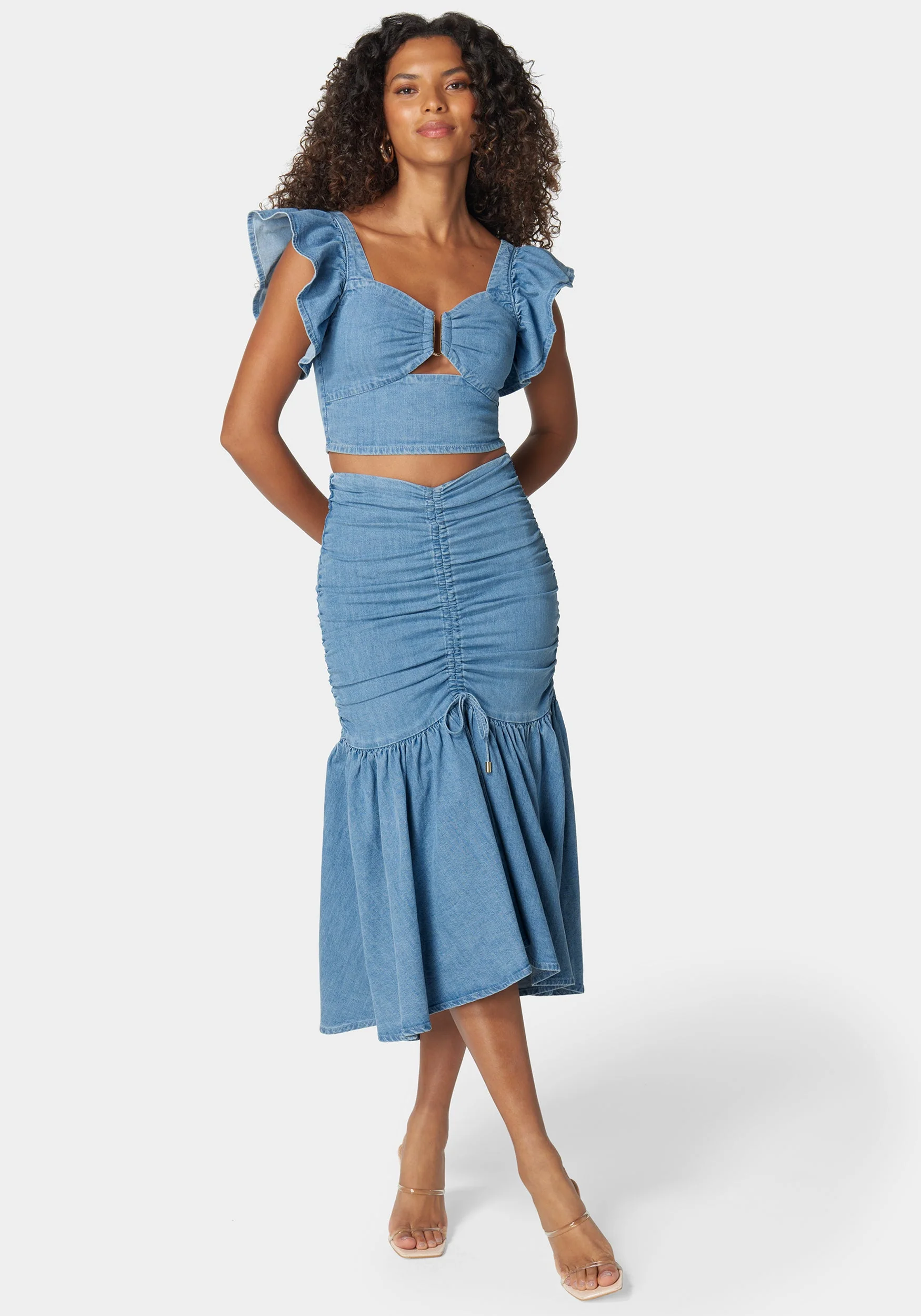 Ruched Drawcord Hi Lo Flared Hem Denim Skirt - Image 3