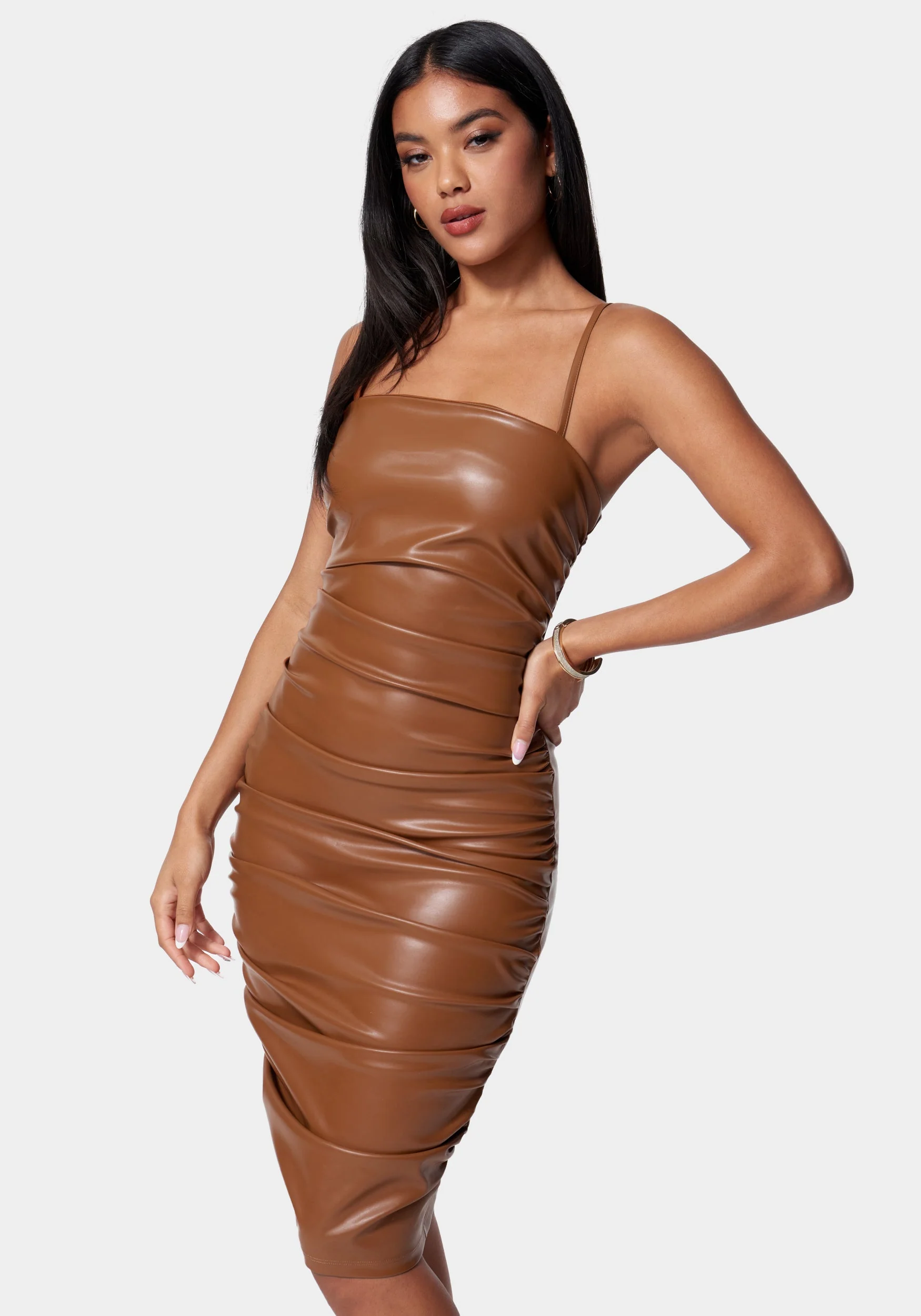 Ruched Midi Vegan Leather Dress - Image 4