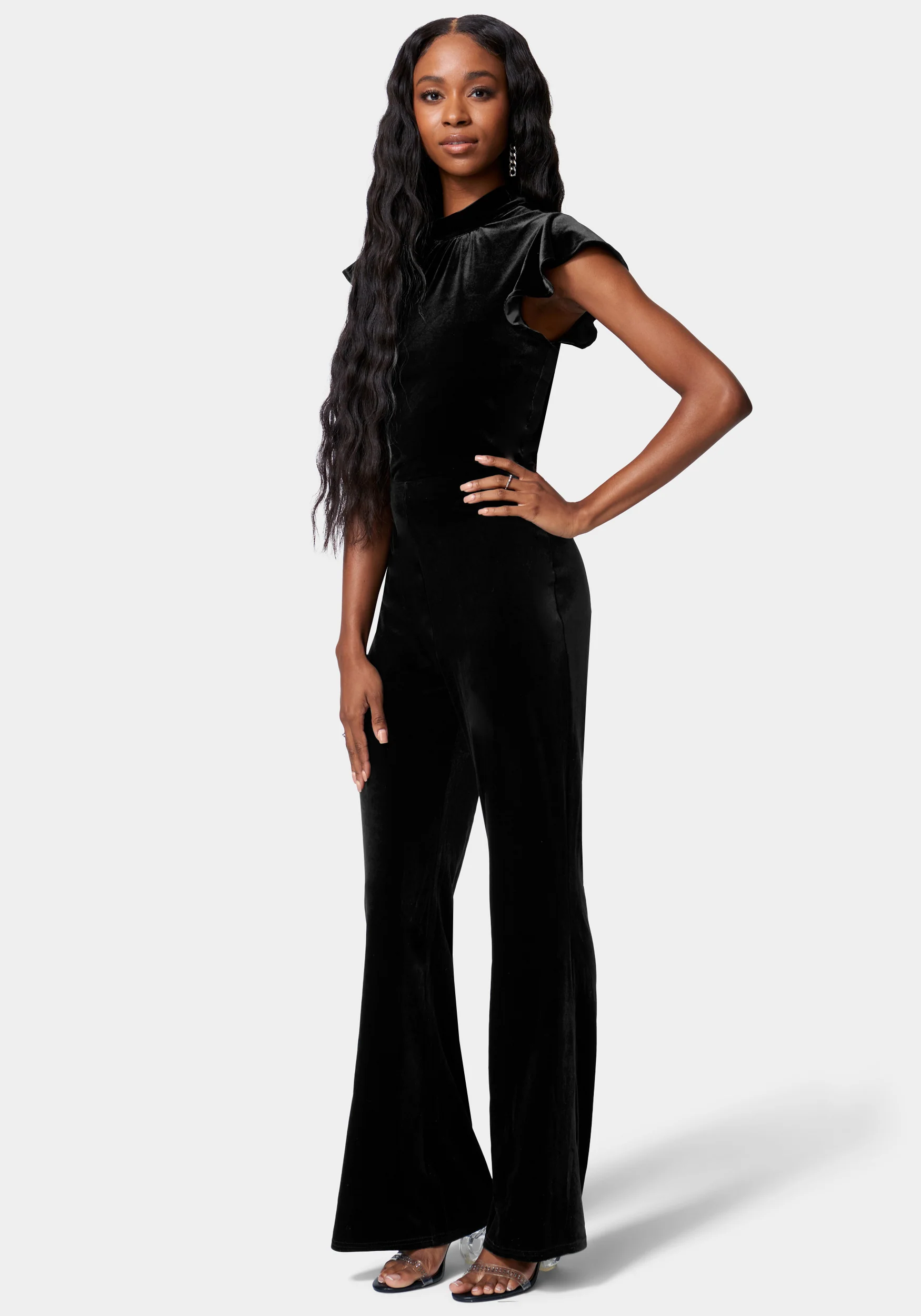 Ruffle Sleeve Flare Leg Velvet Jumpsuit - Image 2