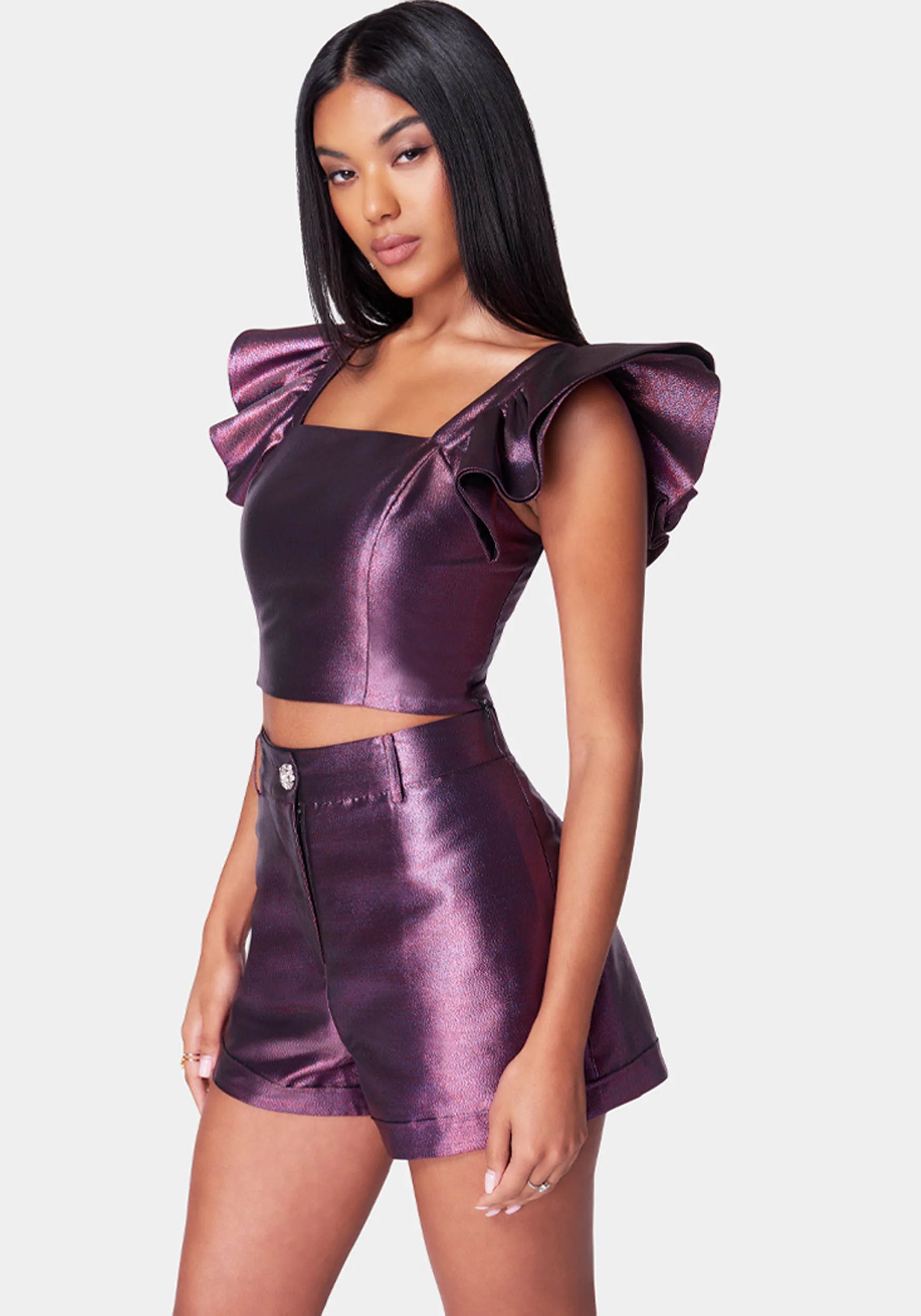 Ruffle Sleeve Iridescent Jacquard Top - Image 2