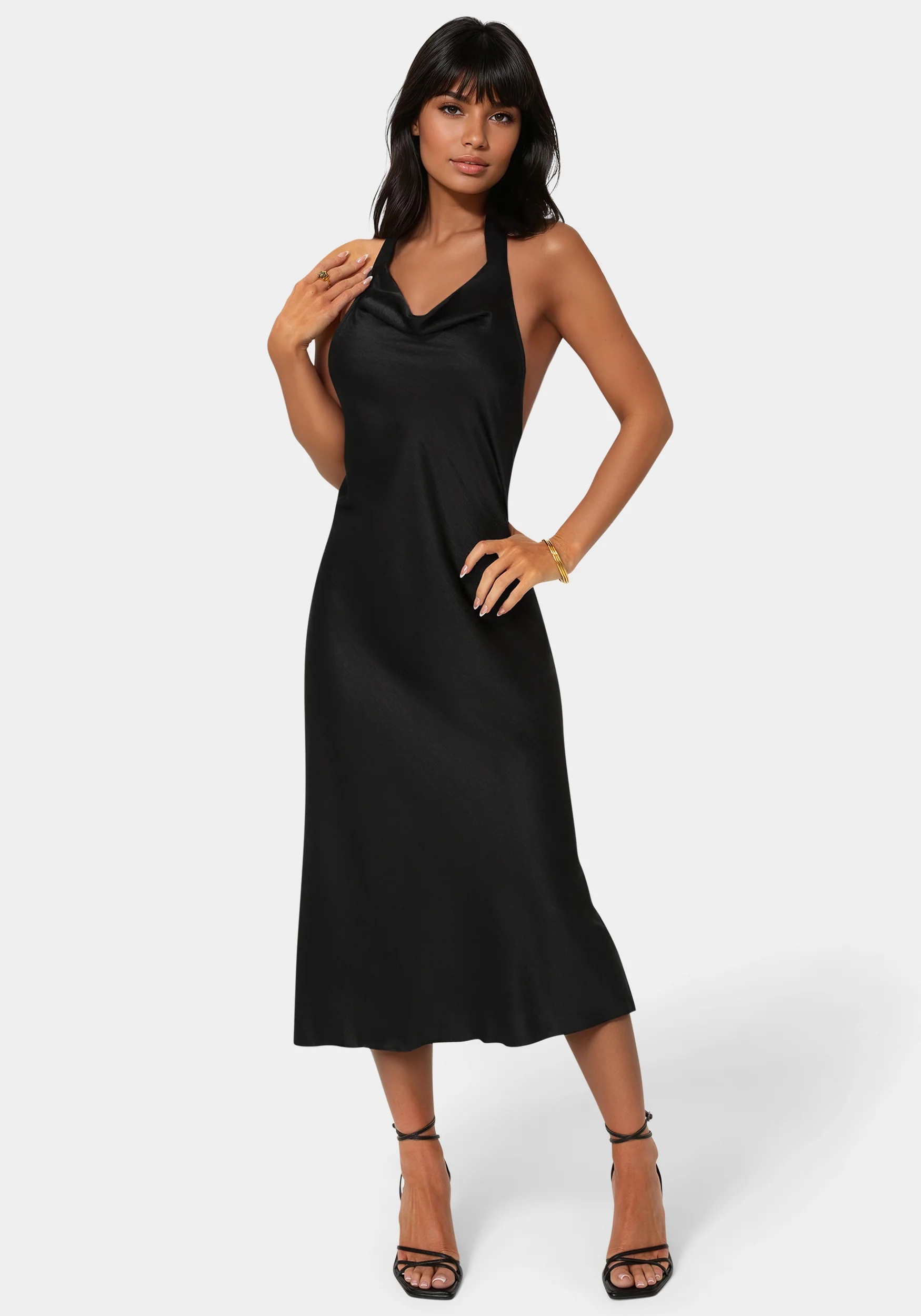 Satin Halter Front Cowl Neck Midi Dress