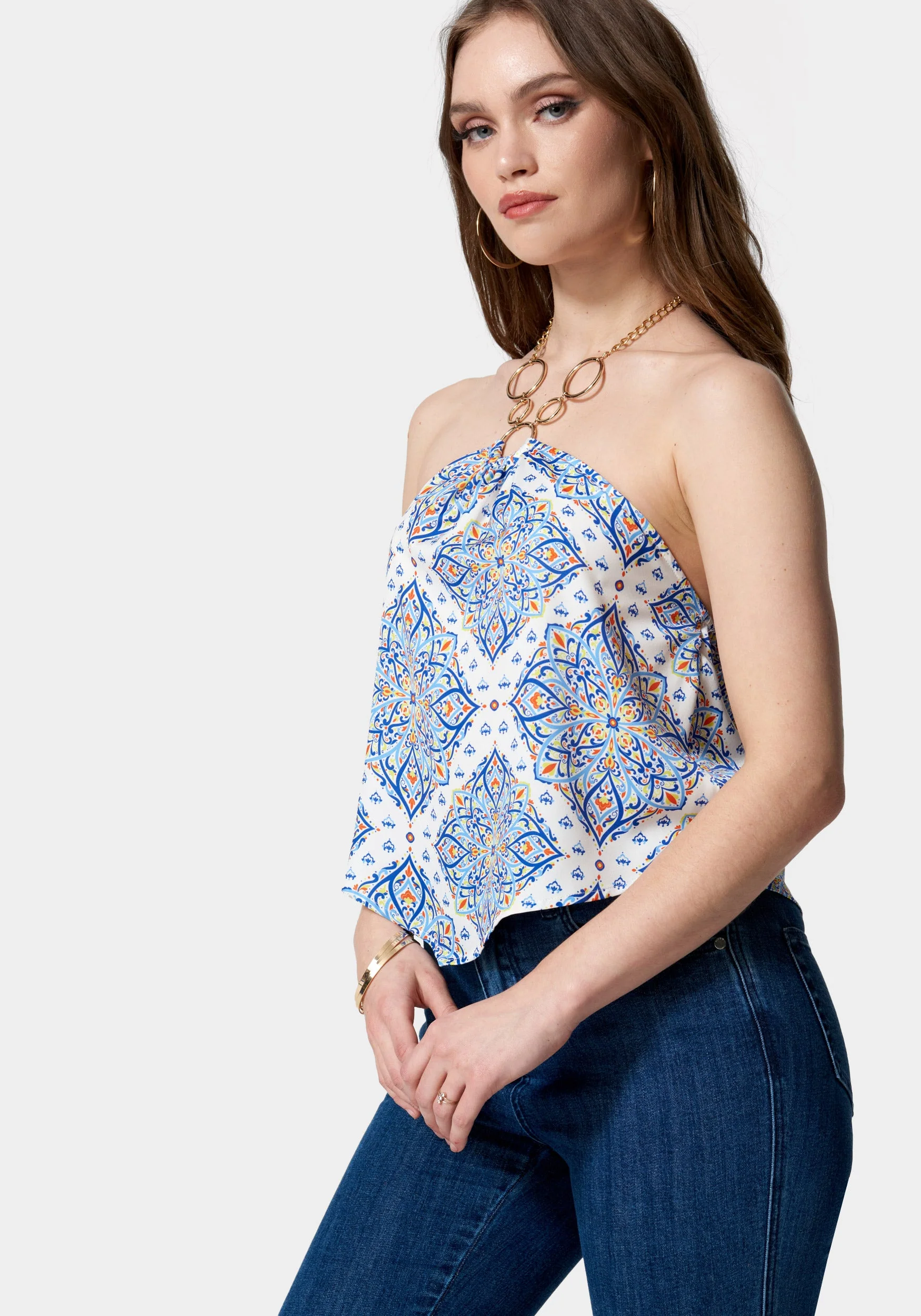 Satin Necklace Detail Printed Halter Top - Image 2