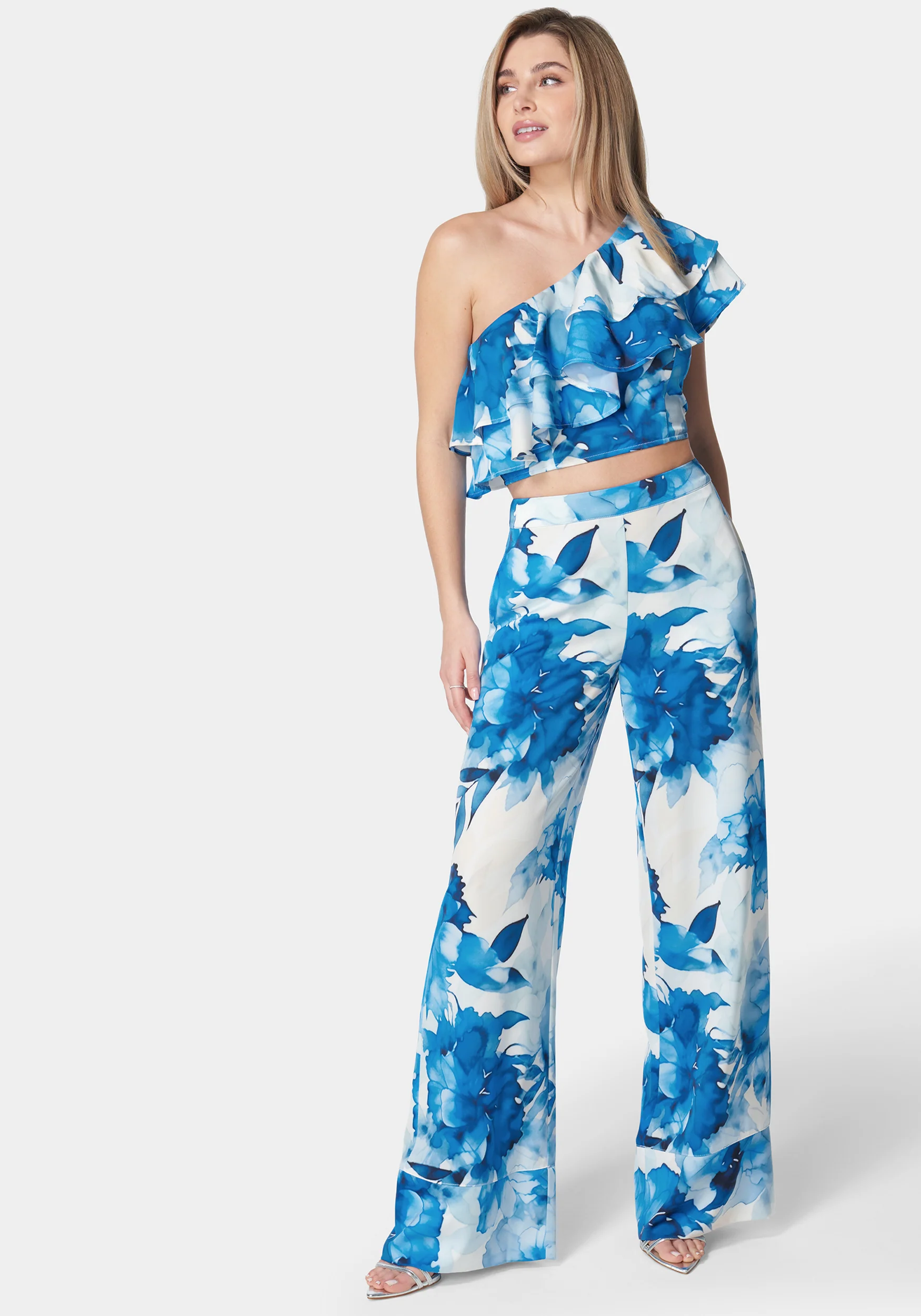 Satin One Shoulder Ruffle Neck Top - Image 2
