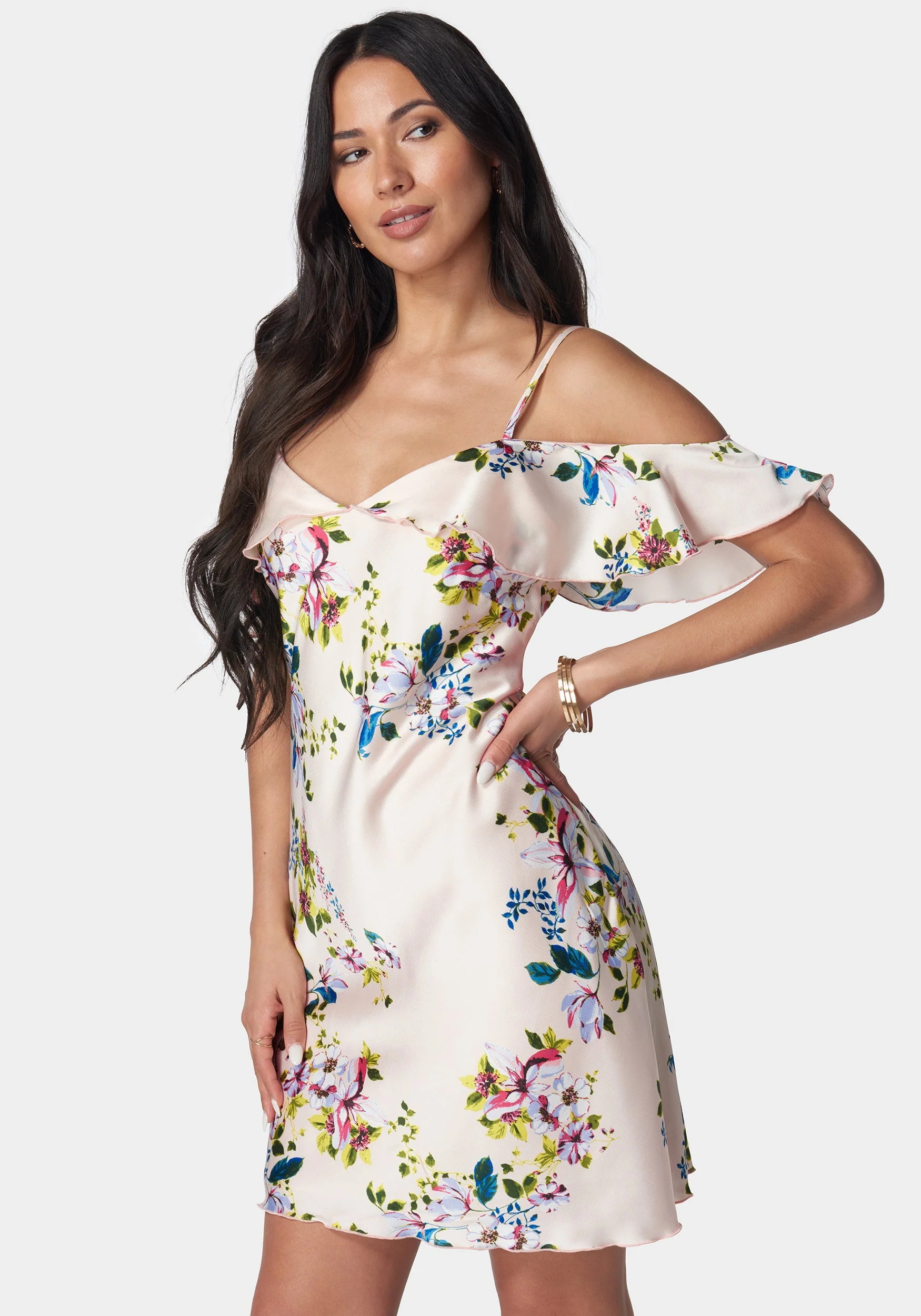 Satin Printed Cold Shoulder Dress - Image 2