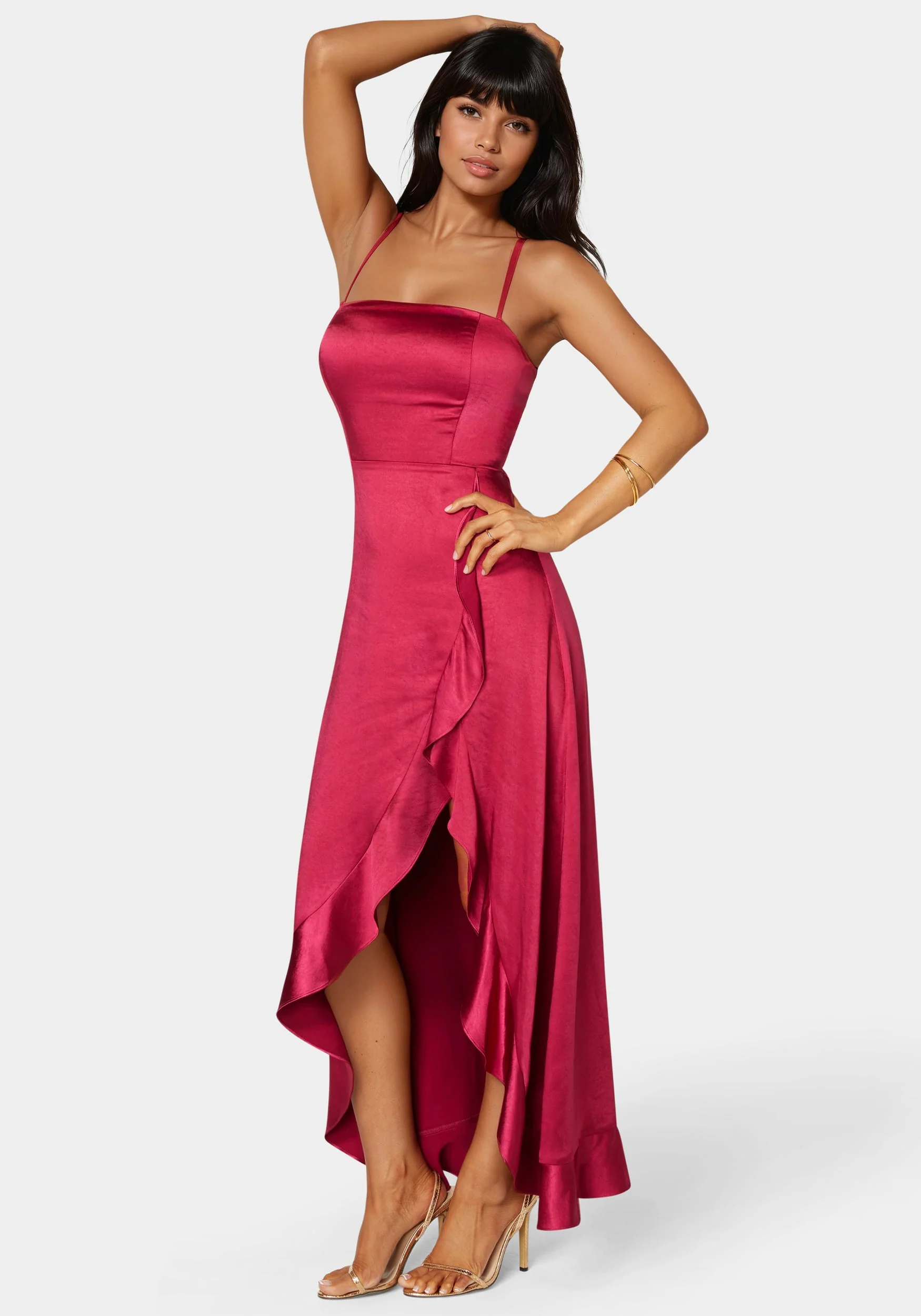 Satin Ruffle Lace Up Back Maxi Dress - Image 3