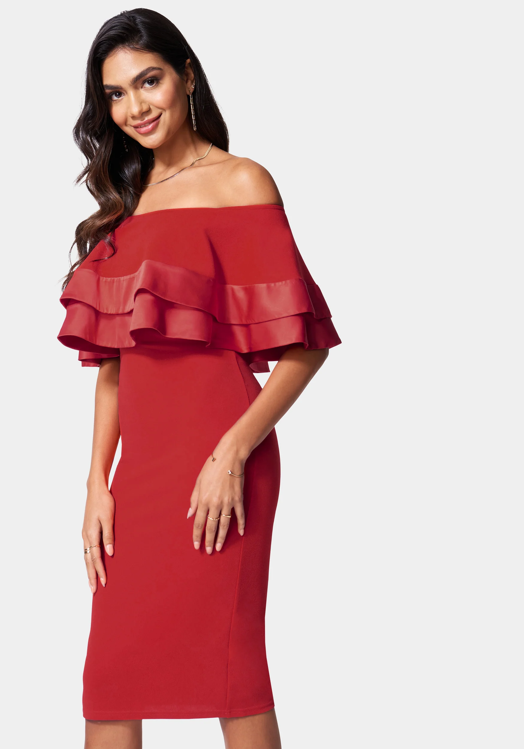 Satin Tip Off Shoulder Midi Dress - Image 2