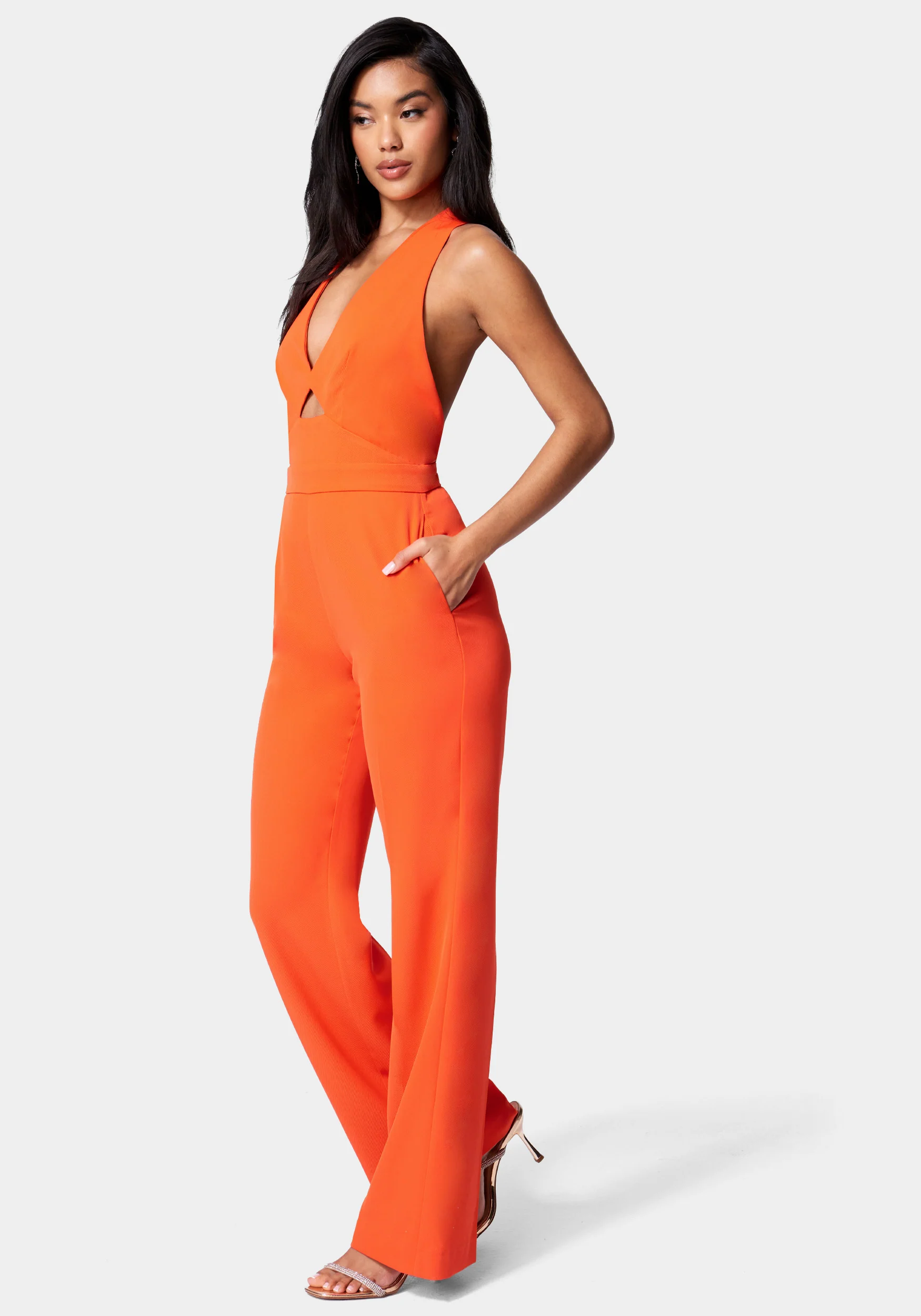 Satin Twill Halter Tie Back Wide Leg Jumpsuit - Image 2