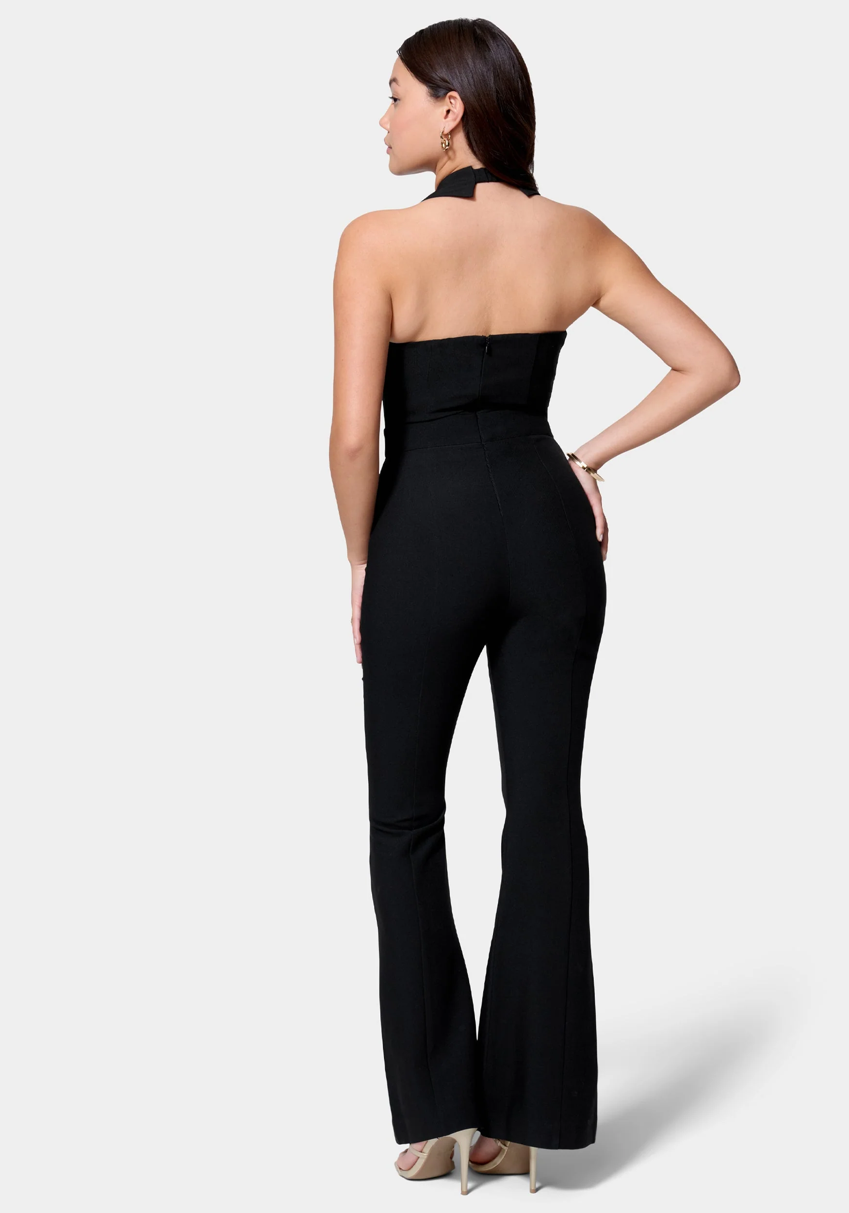 Satin Twill Sleeveless Eyelet Detail Wide Leg Jumpsuit - Image 3