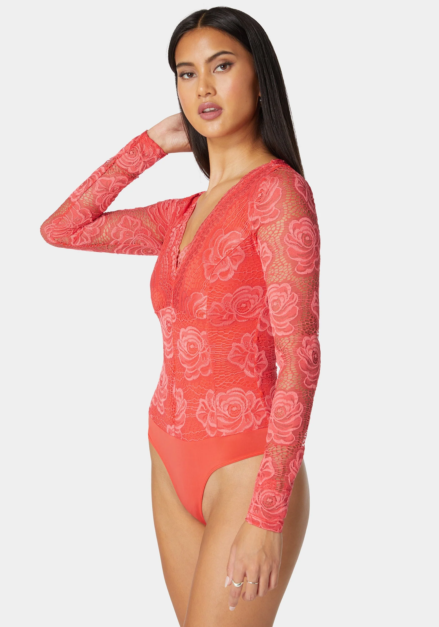Scallop Edge Long Sleeve Lace Bodysuit - Image 2