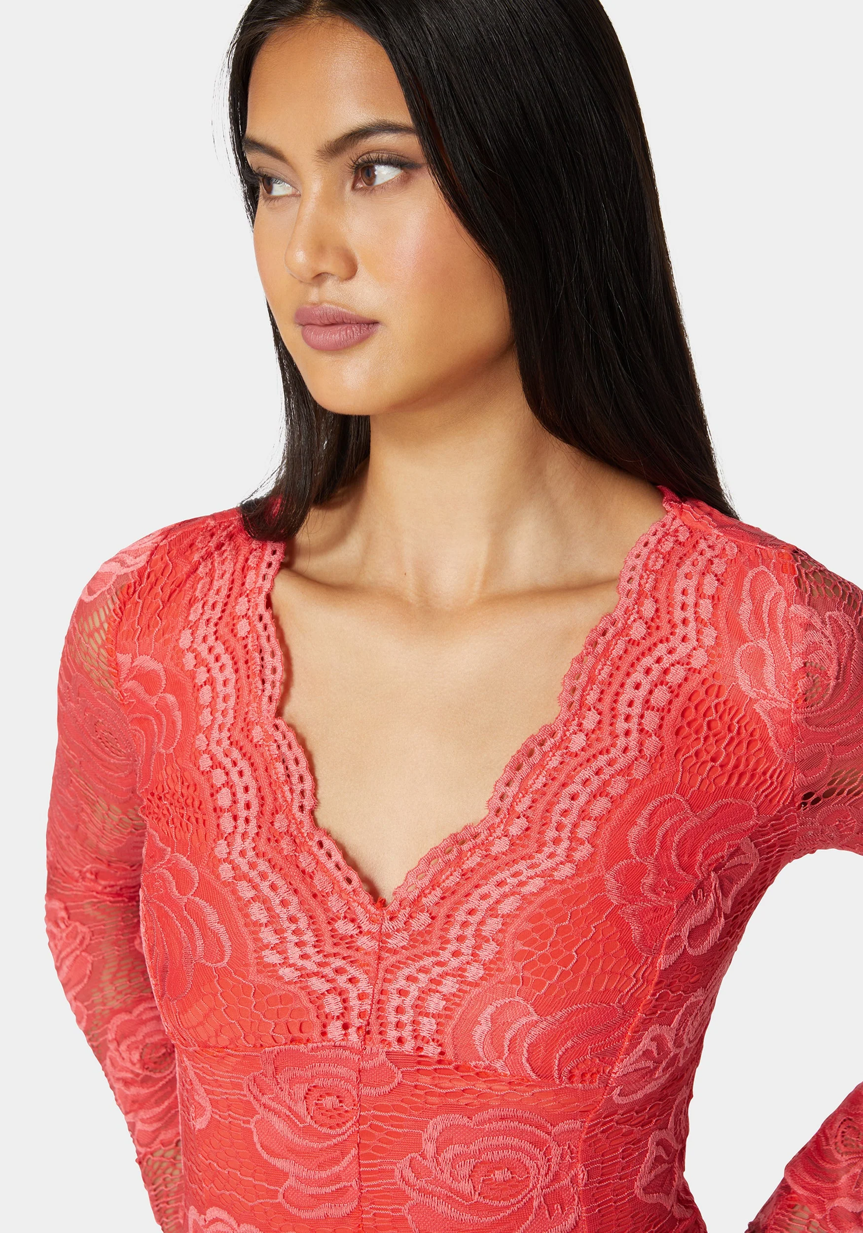 Scallop Edge Long Sleeve Lace Bodysuit - Image 4