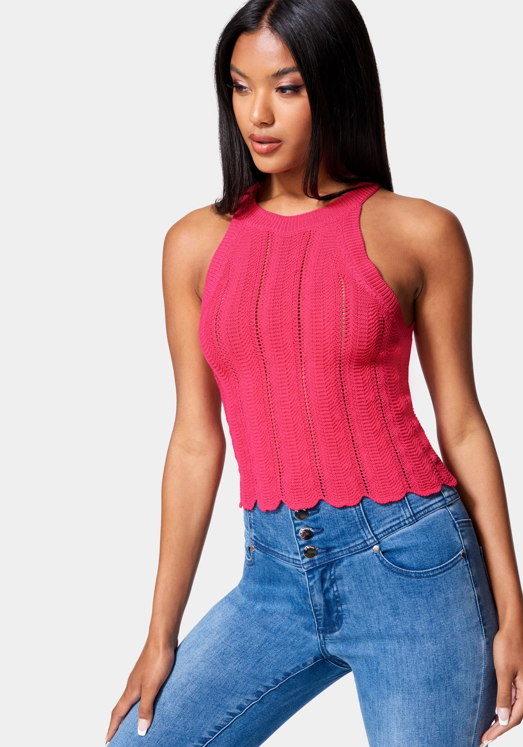 Scallop Hem Pointelle Sweater Halter Top - Image 2