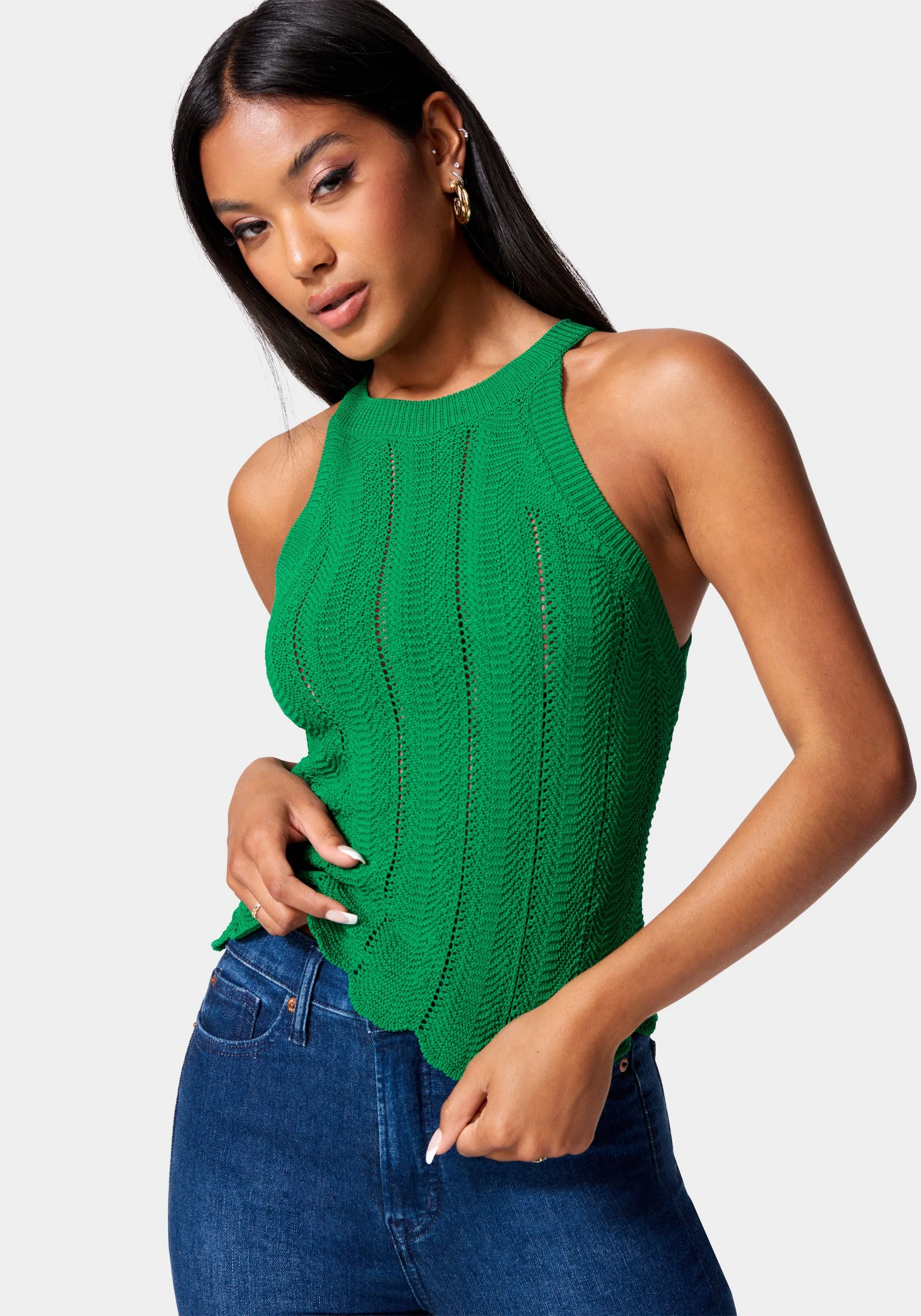 Scallop Hem Pointelle Sweater Halter Top - Image 2