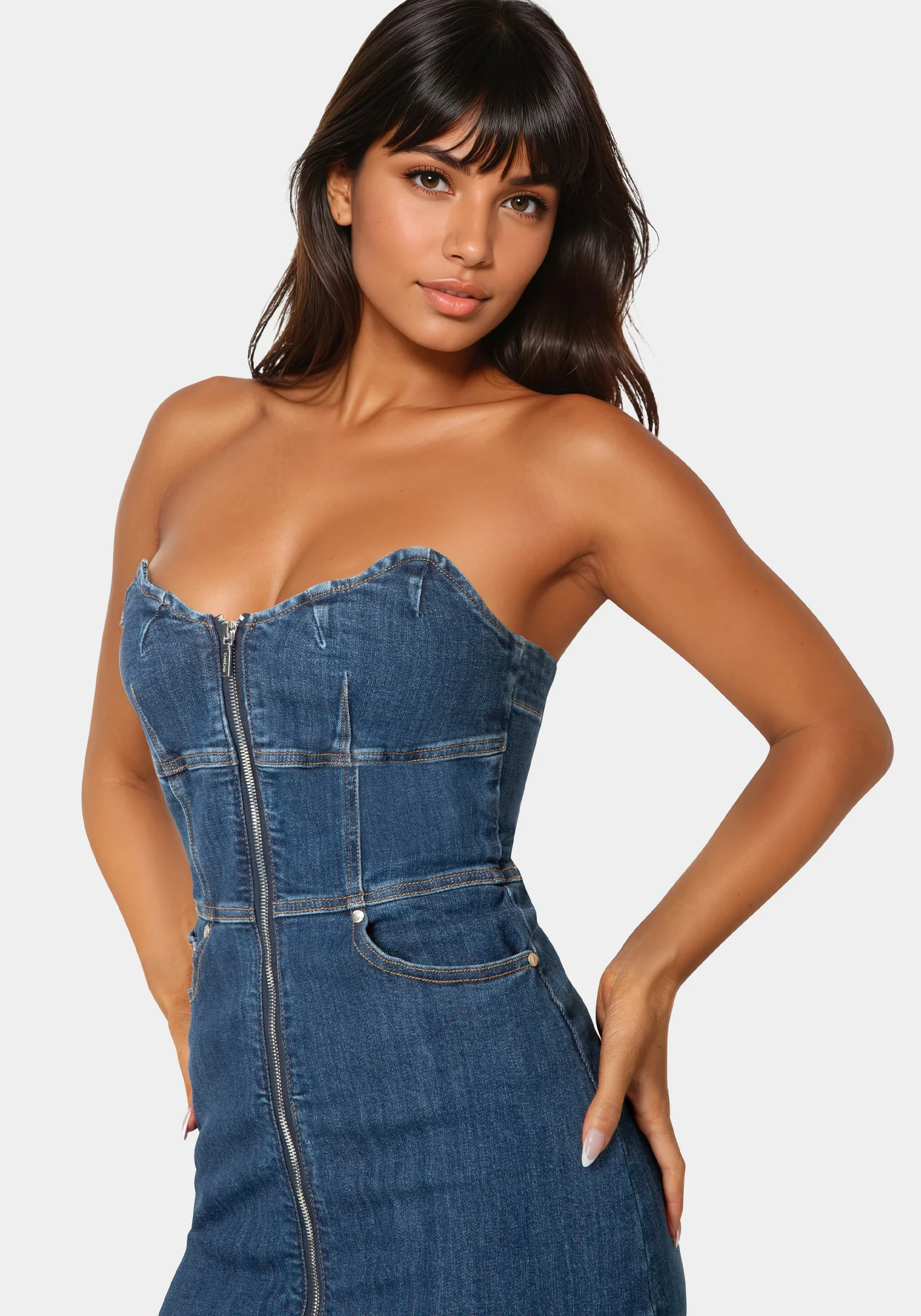 Scalloped Neckline Zip Up Denim Dress - Image 4