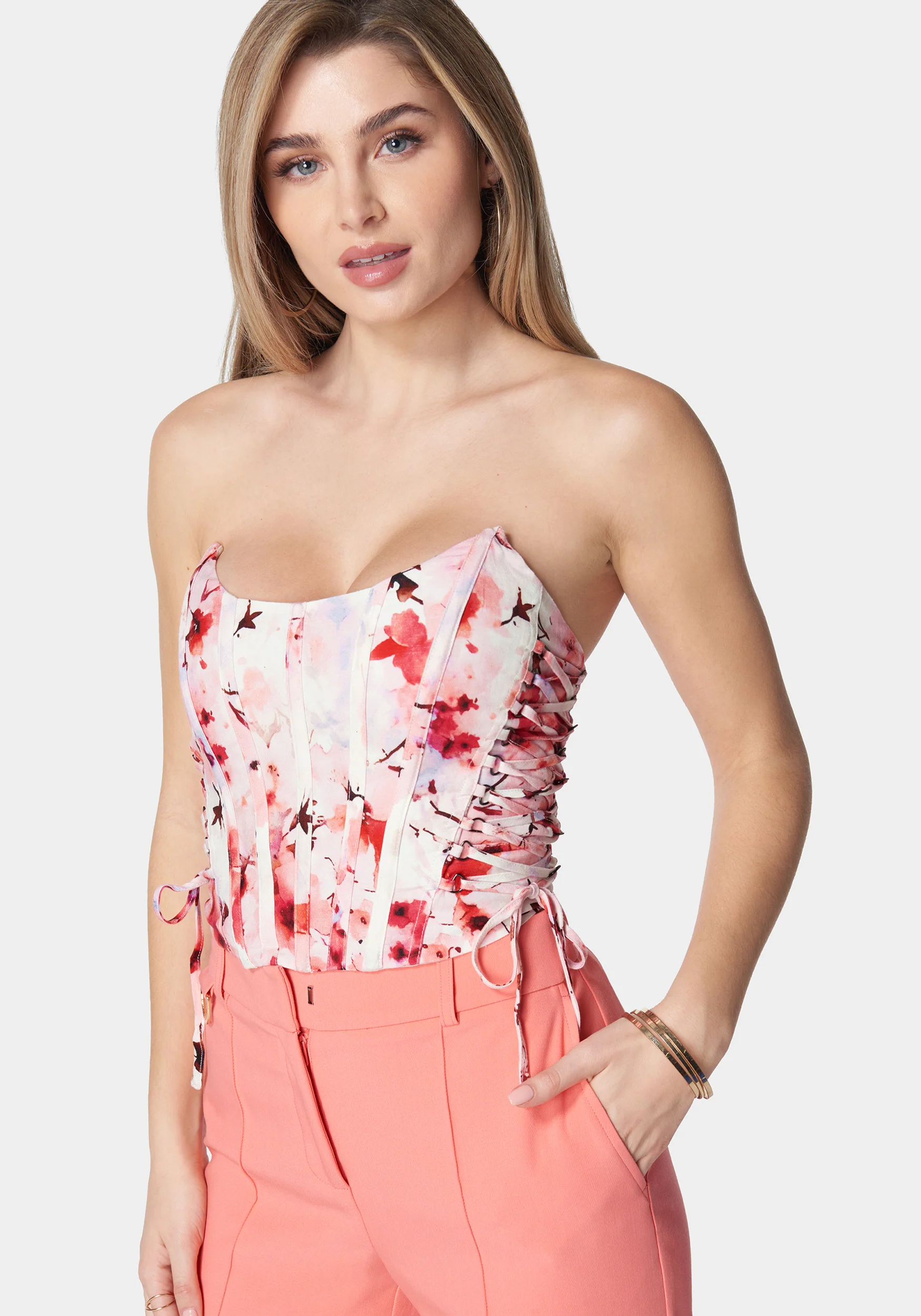 Scoop Neck Lace Up Printed Corset Top - Image 2