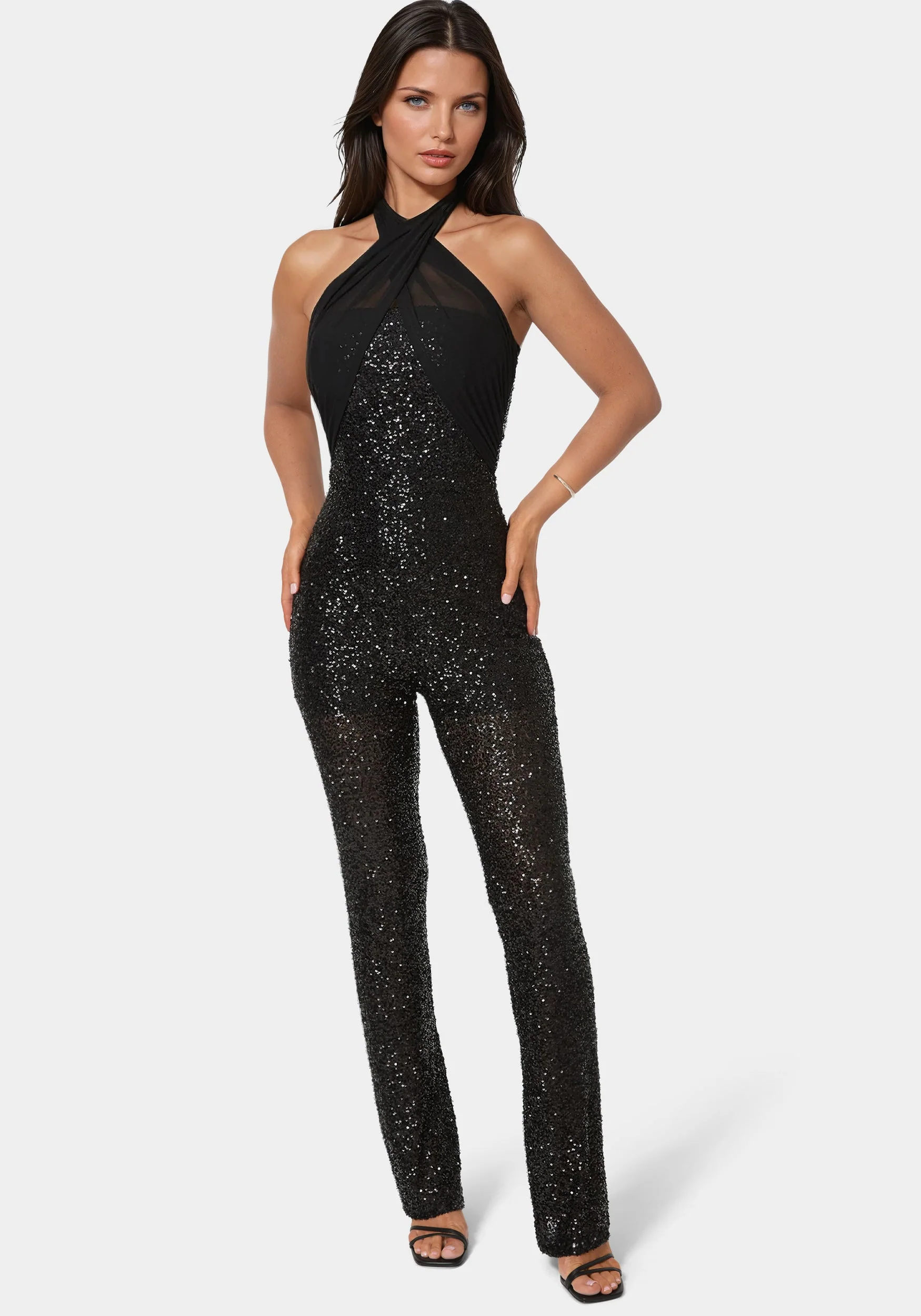 Sequin Halter Mini Flare Leg Jumpsuit