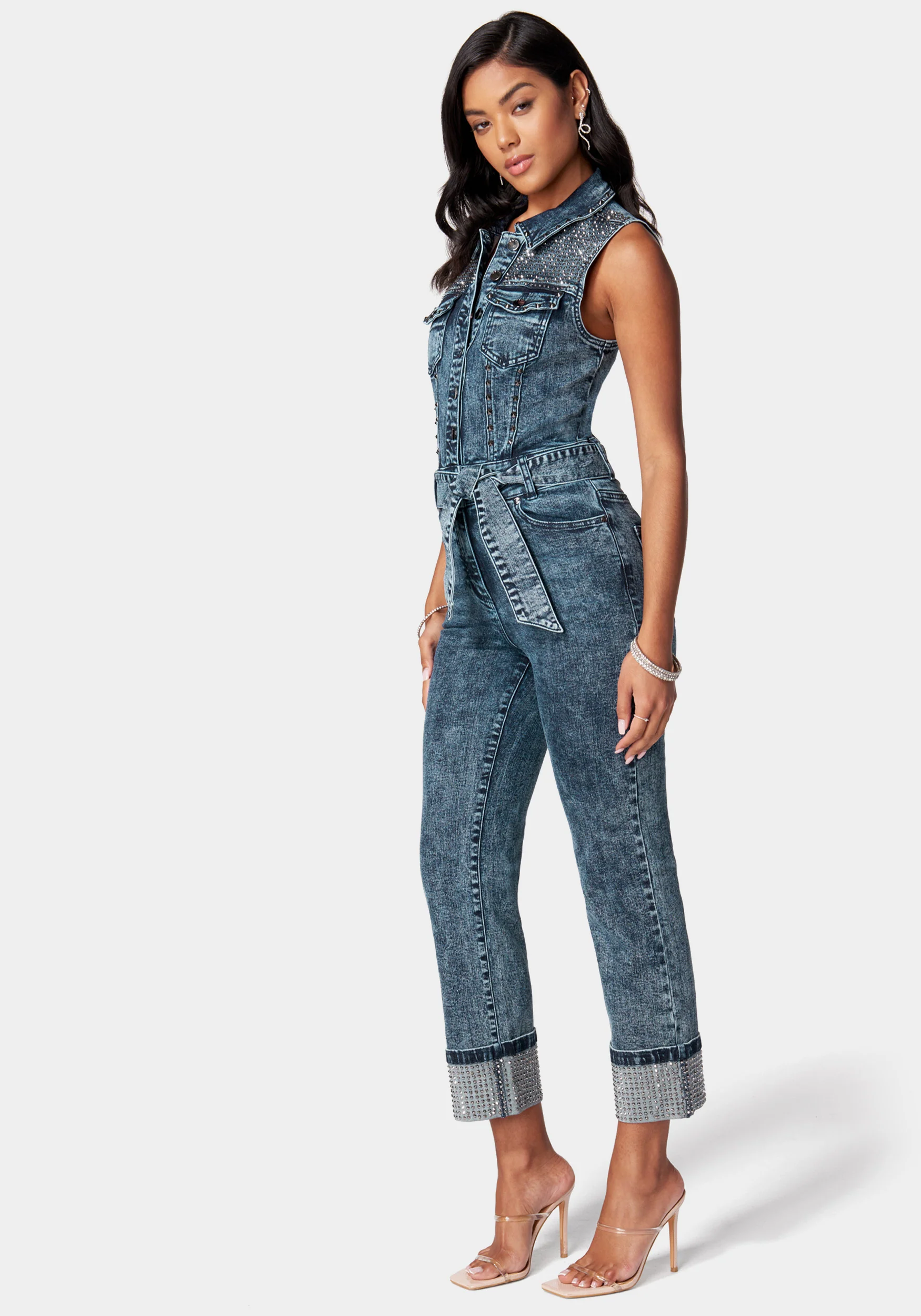 Sequin Sleeveless Cuffed Slim Leg Denim Jumpsuit - Image 2