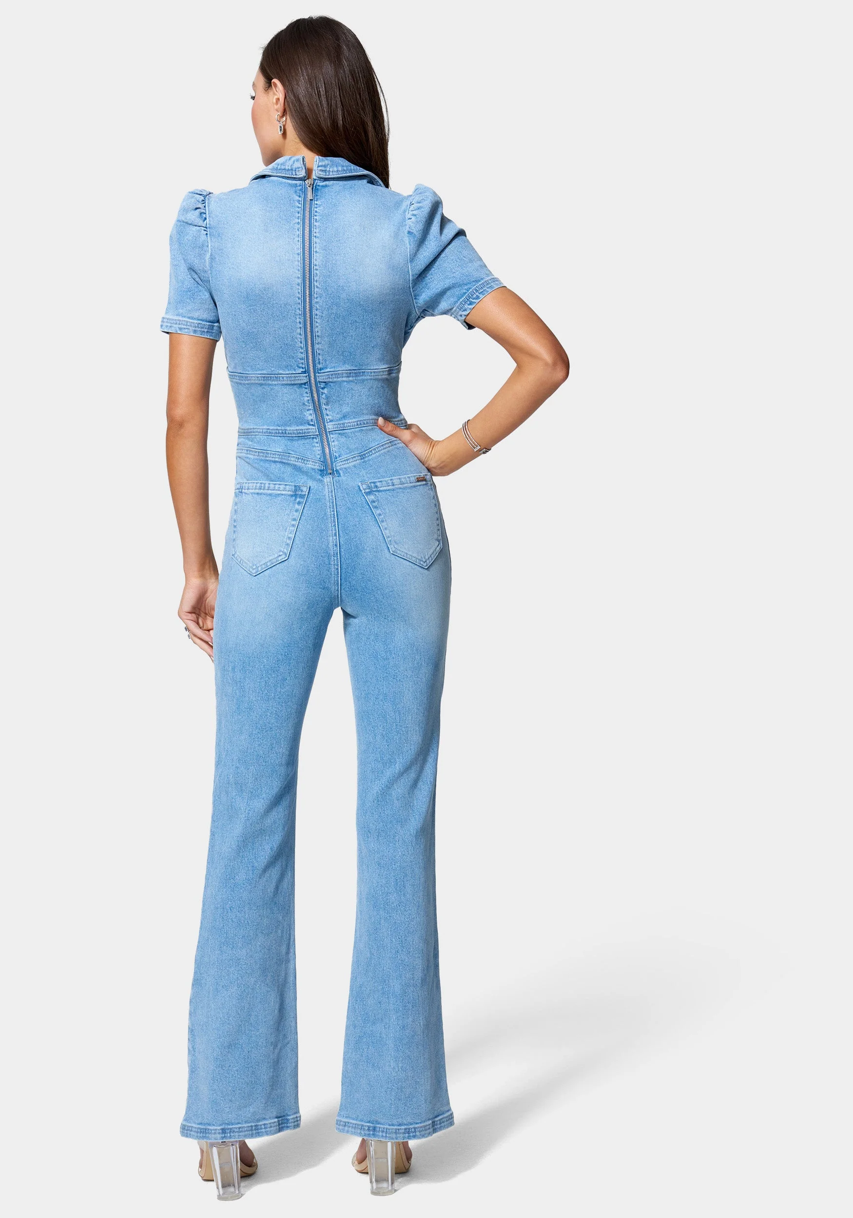 Short Sleeve Notch Collar Wide Leg Denim Jumpsuit - Image 3