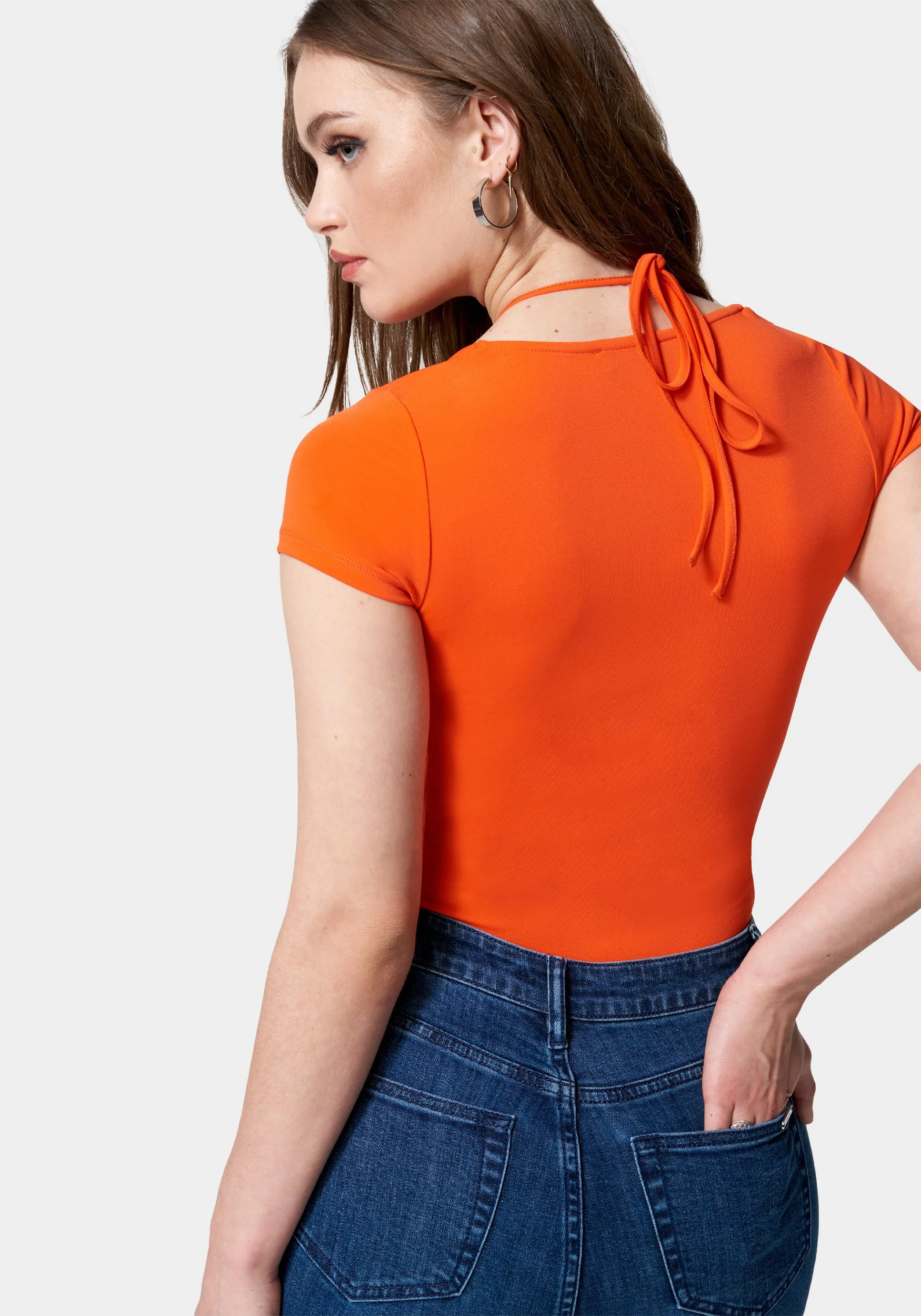 Short Sleeve Tie Ruched Neck Knit Top - Image 3