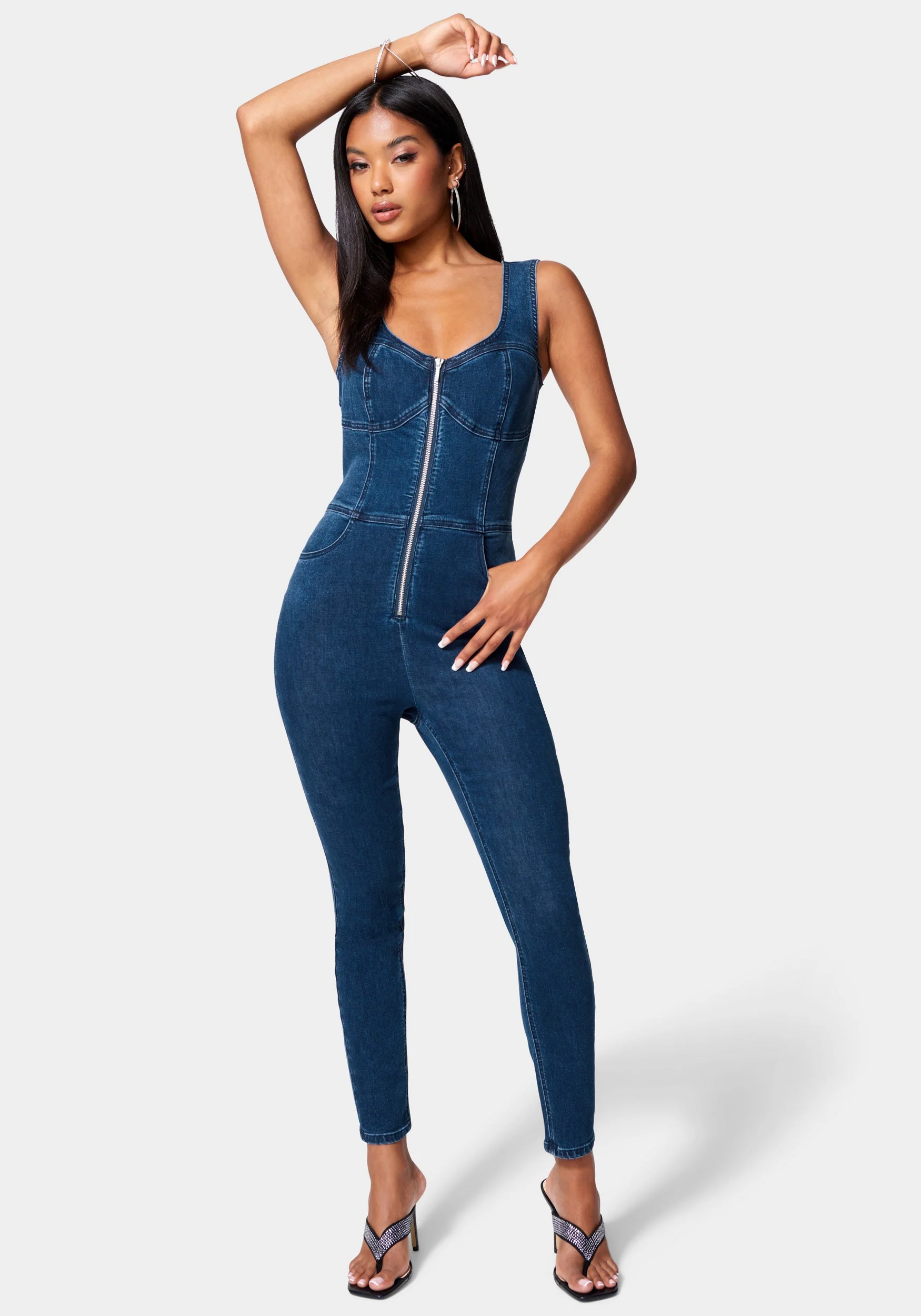 Skinny Leg Front Zip Denim Jumpsuit - Image 2